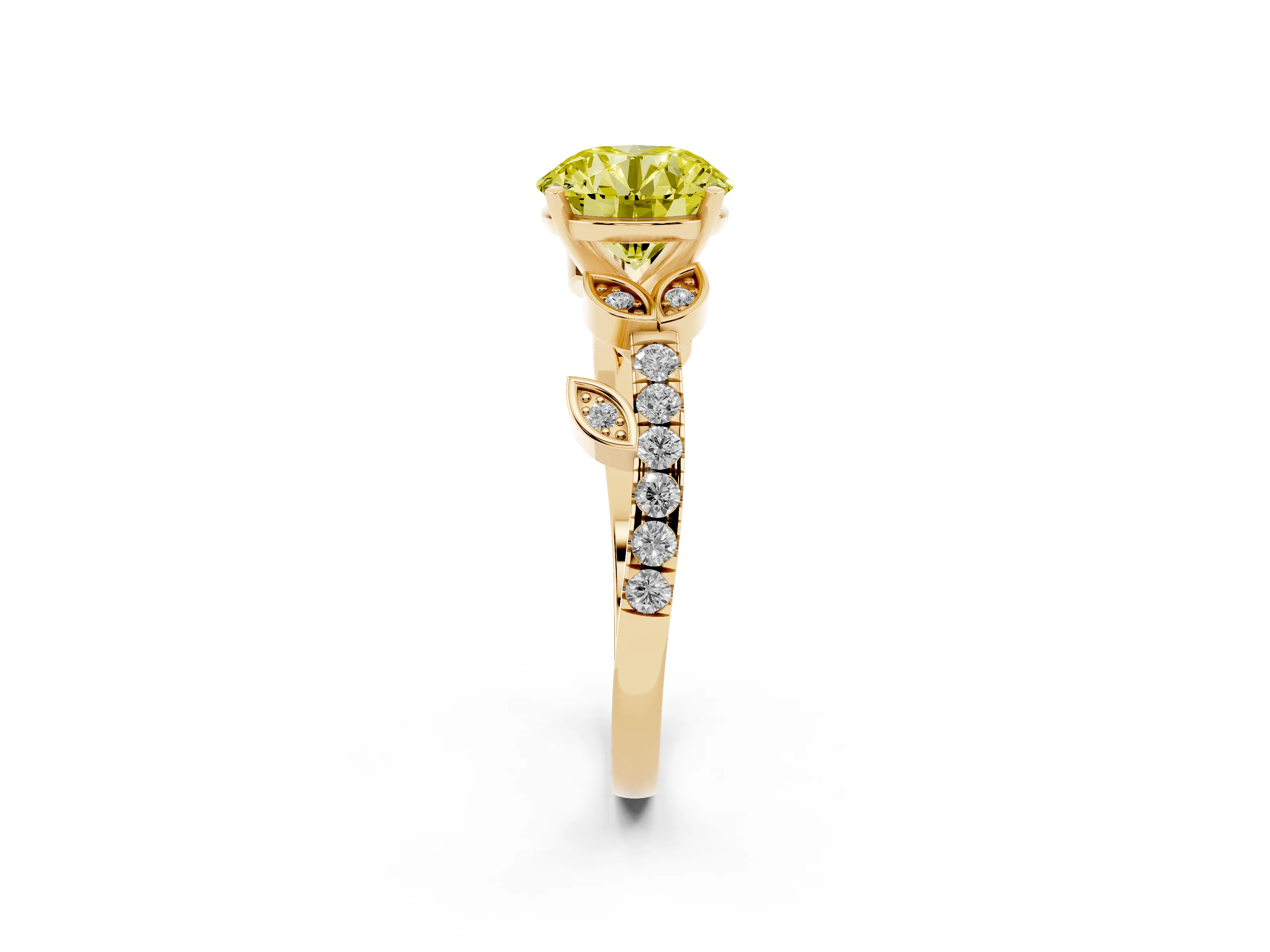 Fancy Yellow Round Cut Diamond Solitaire Leaf-Inspired Ring Set in Yellow gold with Pavé Band and Prong Setting