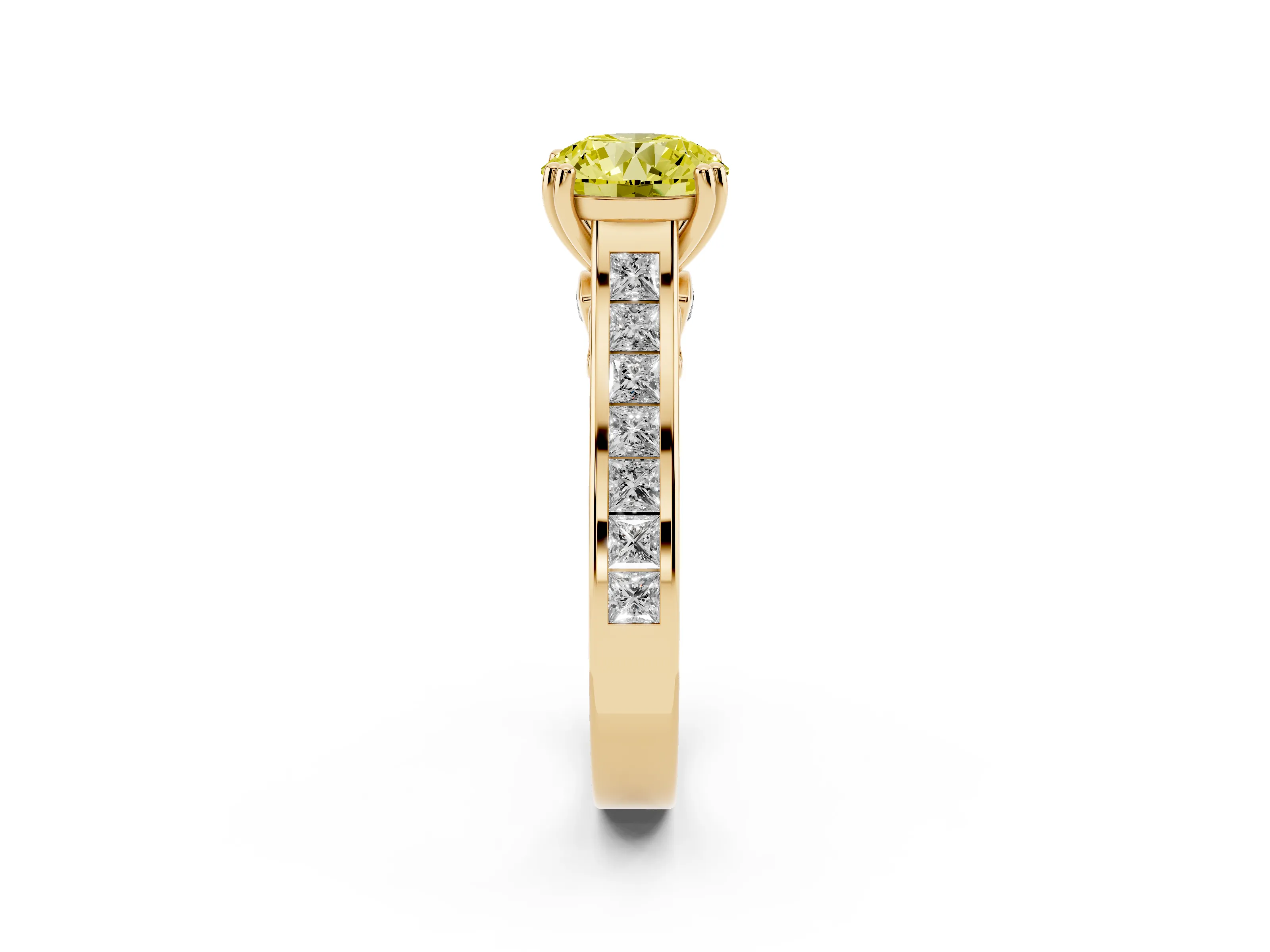 Fancy Yellow Round Cut Diamond Channel Set Solitaire Engagement Ring Set in Yellow gold with Prong Setting