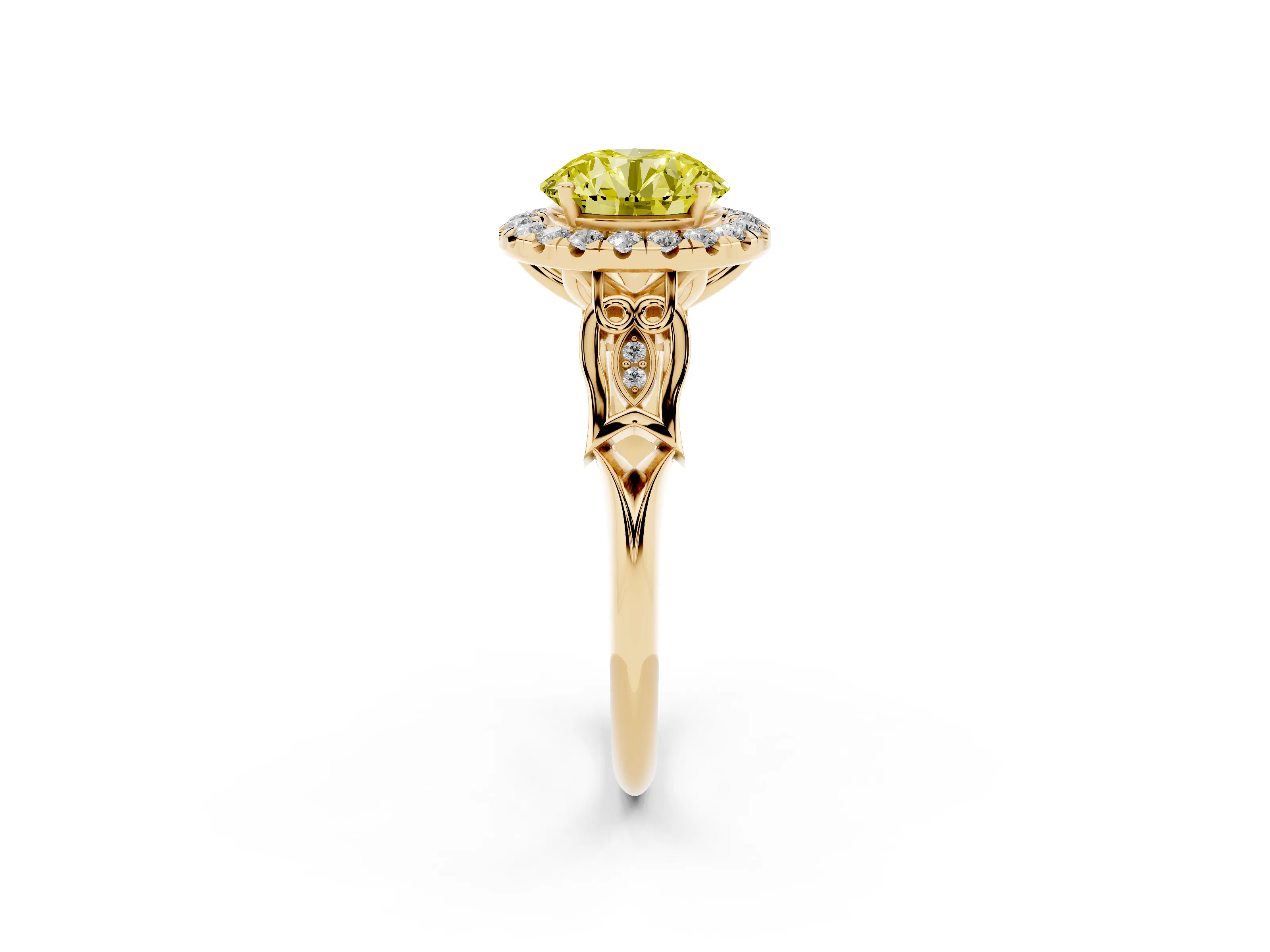 Fancy Yellow Round Cut Diamond Halo Engagement Ring Set in Yellow gold with Filigree Band and Prong-Set Center