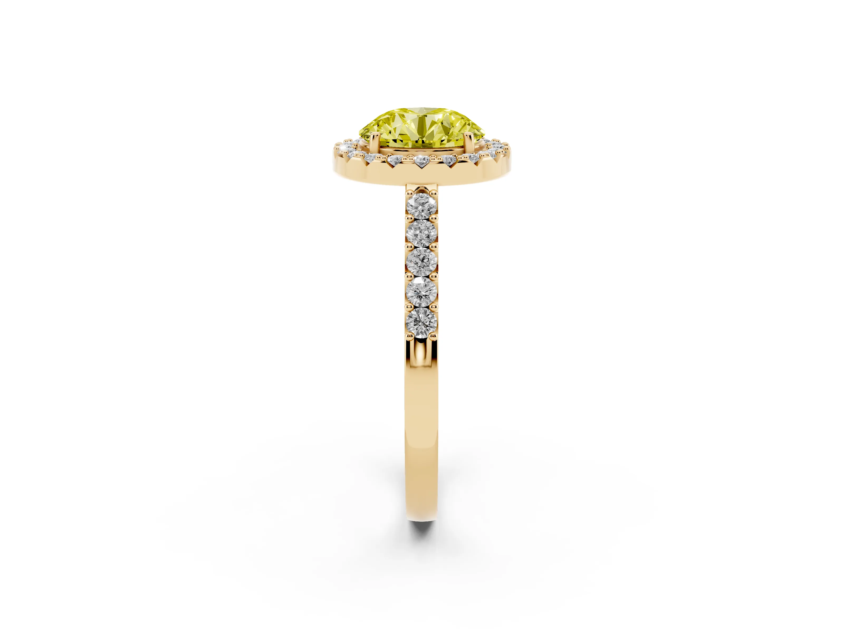 Fancy Yellow Round Cut Diamond Halo Pavé Solitaire Ring Set in Yellow gold with Prong-Set Center Stone