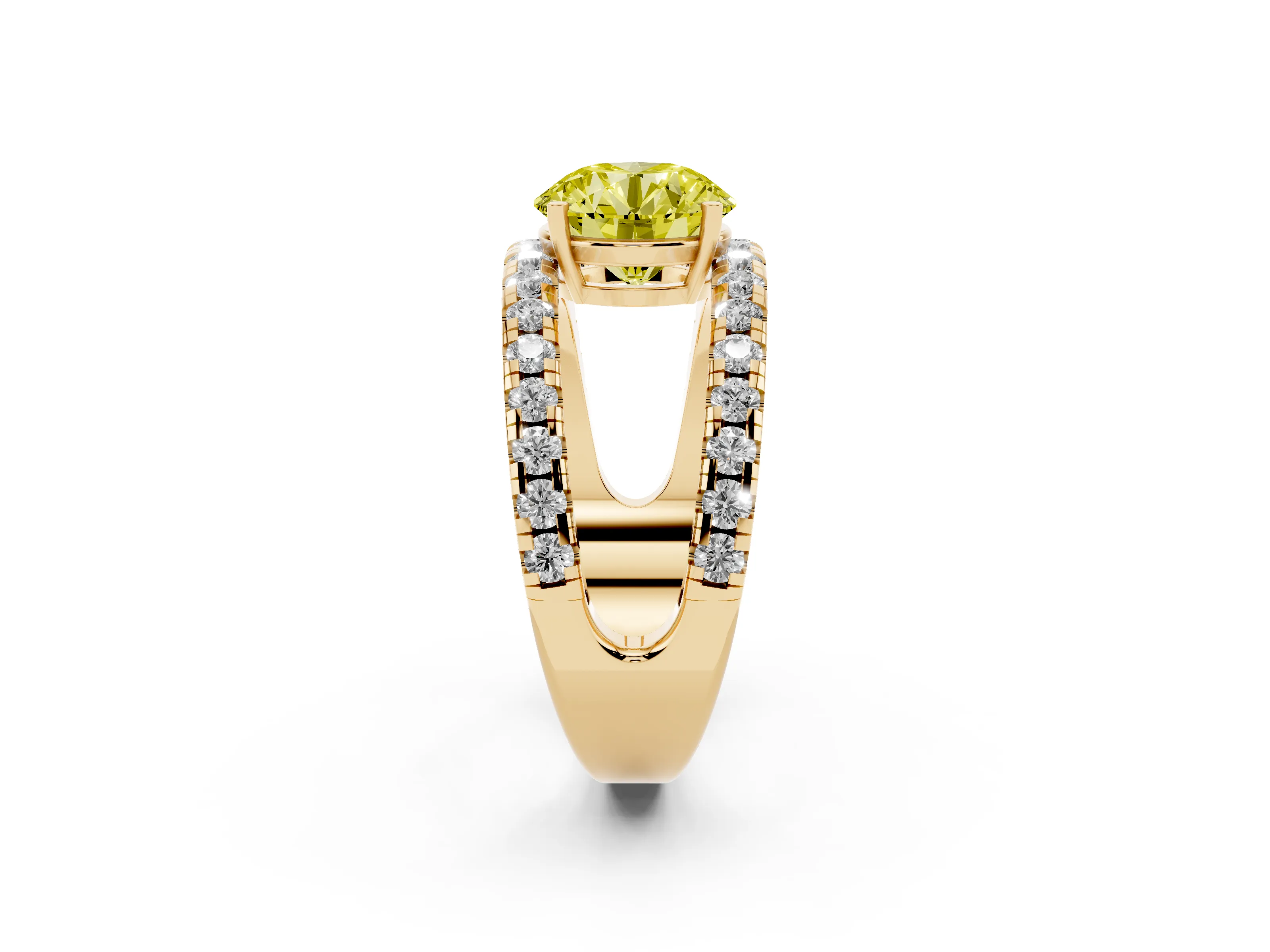 Fancy Yellow Round Cut Diamond Split Shank Pavé Solitaire Ring Set in Yellow gold with Open Shank Design