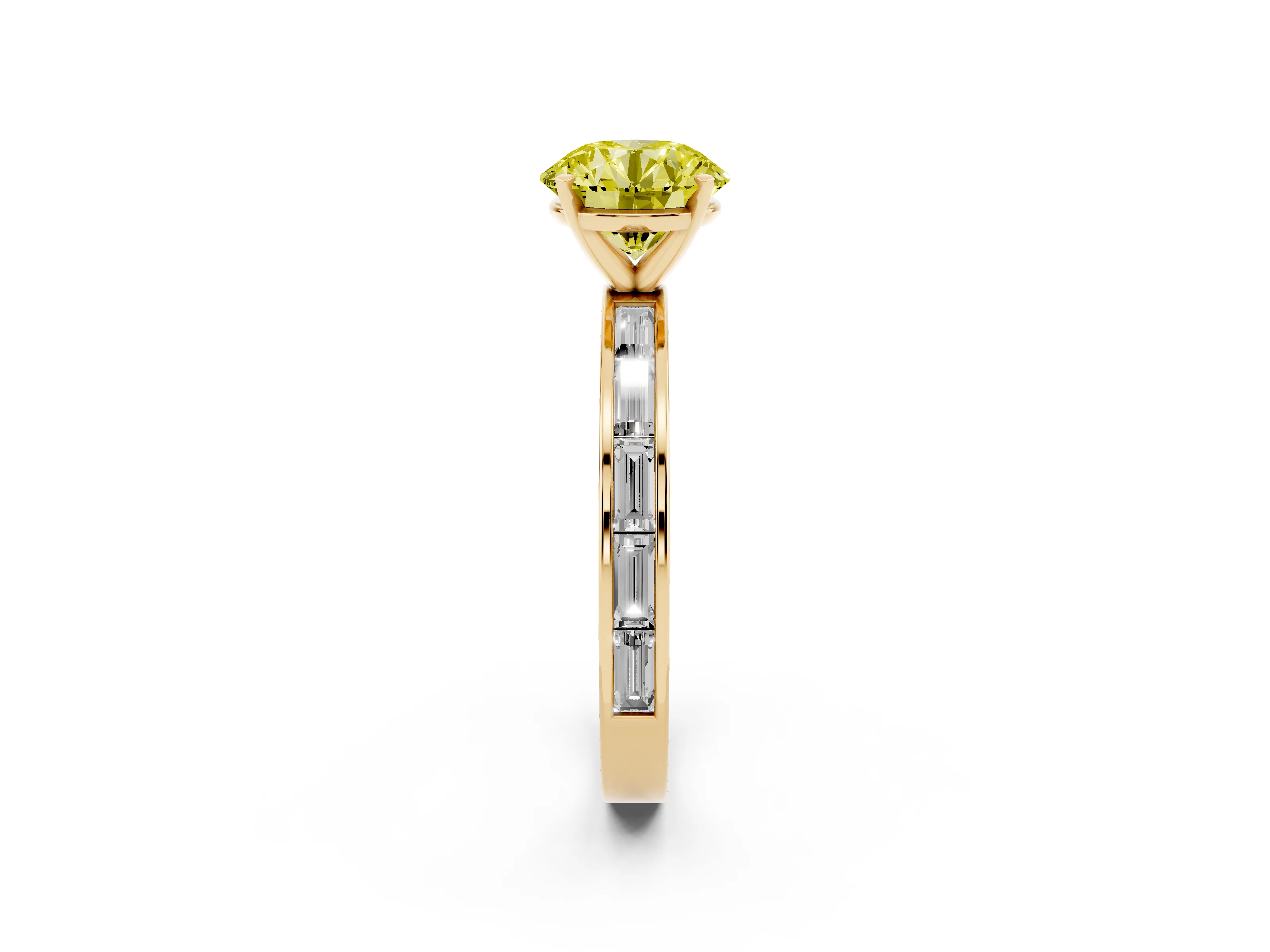 Fancy Yellow Round Cut Diamond Solitaire Ring Set in Yellow gold with Channel-Set Baguette Band and Prong Setting
