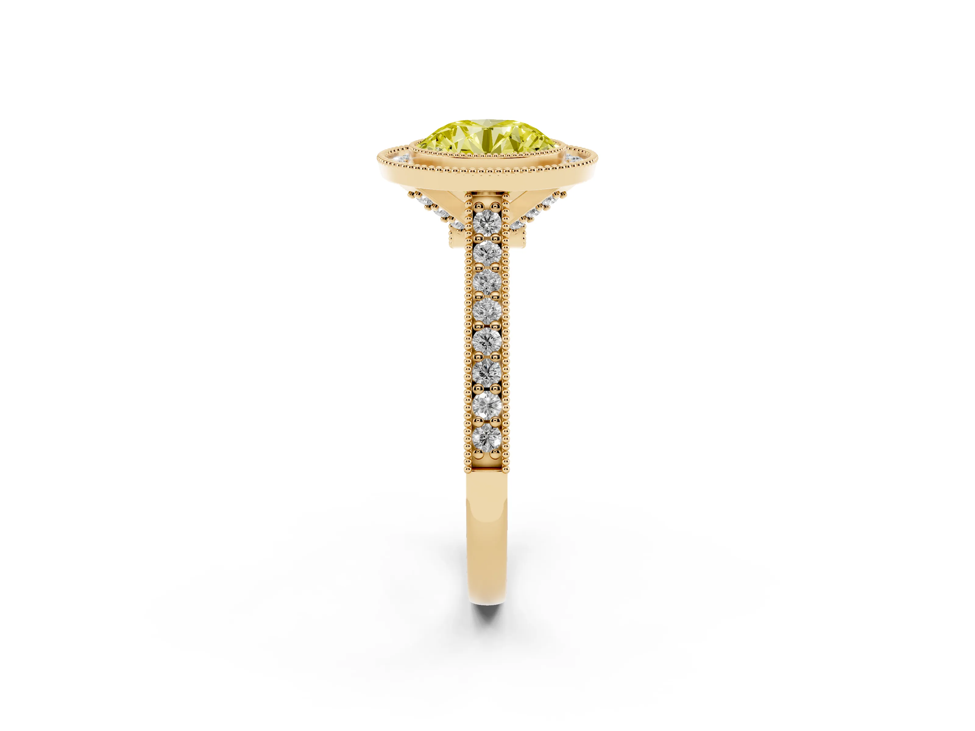 Fancy Yellow Round Cut Diamond Halo Milgrain Pavé Band Ring Set in Yellow gold with Prong Setting