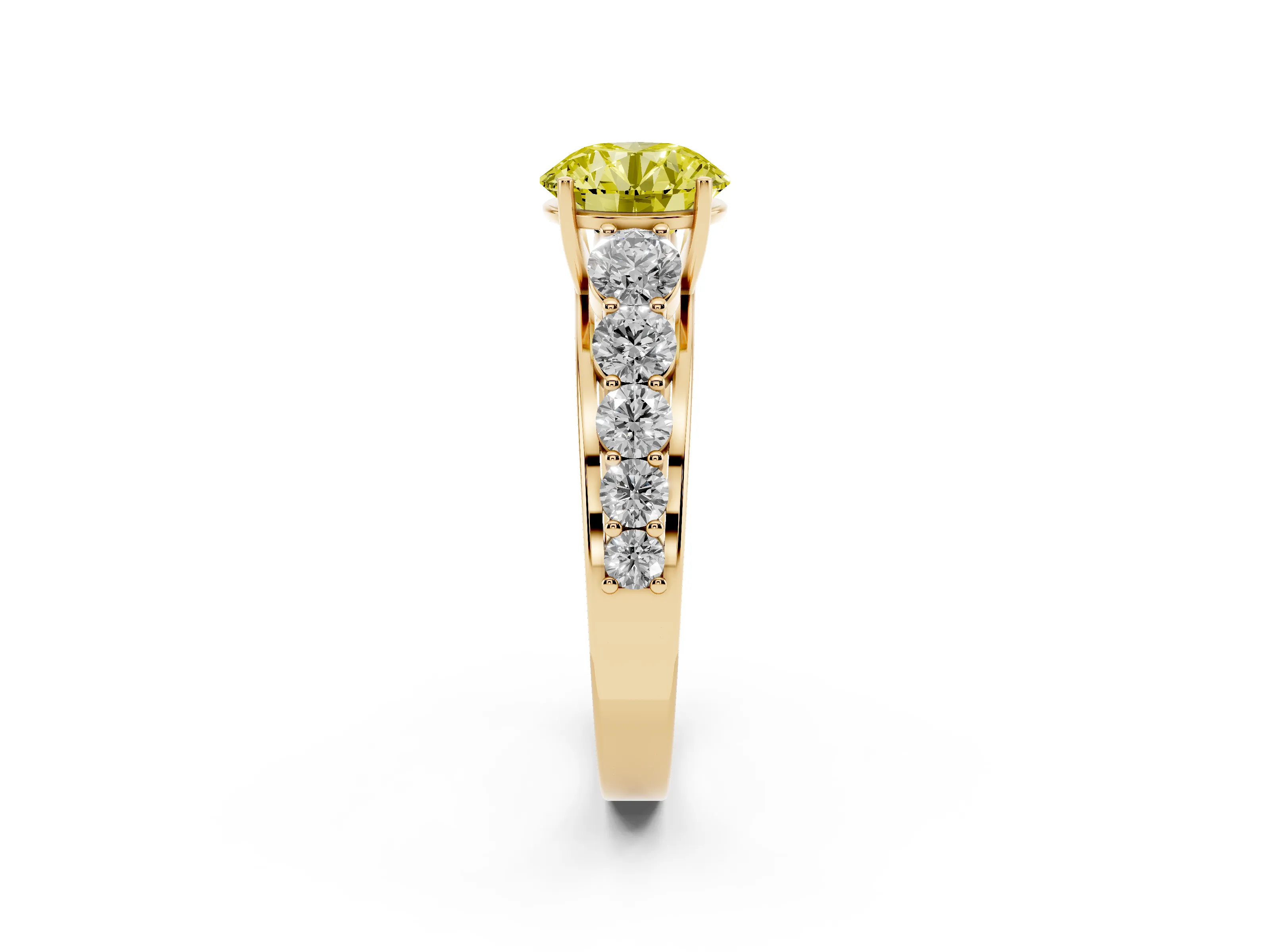 Fancy Yellow Round Cut Diamond Solitaire Ring Set in Yellow gold with Pavé-Set Band and Prong Setting