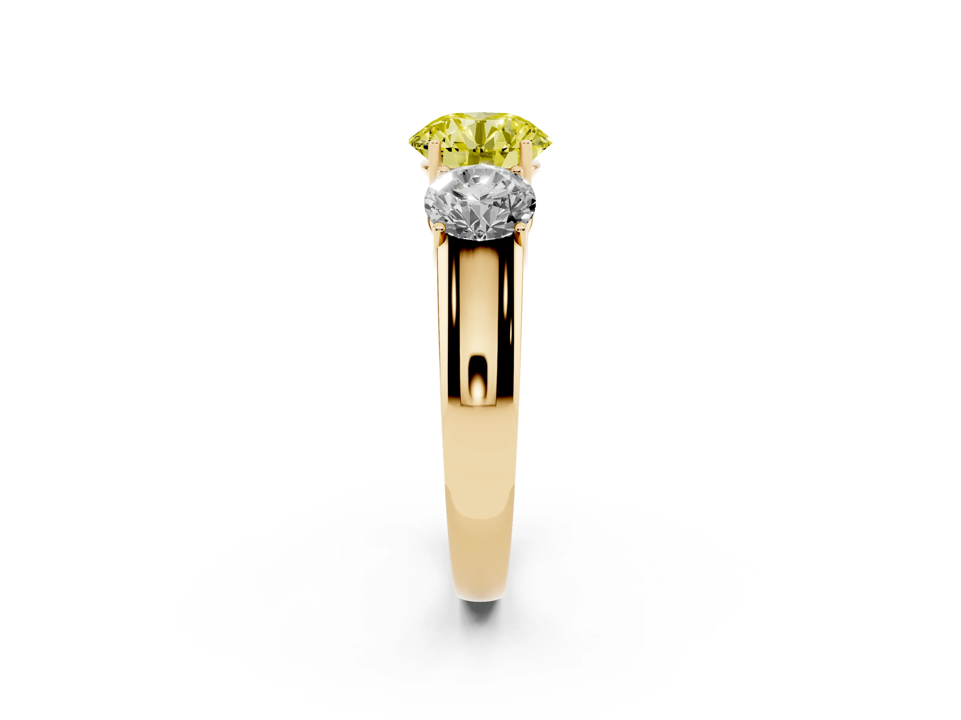 Fancy Yellow Three-Stone Round Cut Diamond Ring Set in Yellow gold with Matching Prong Settings and Plain Band