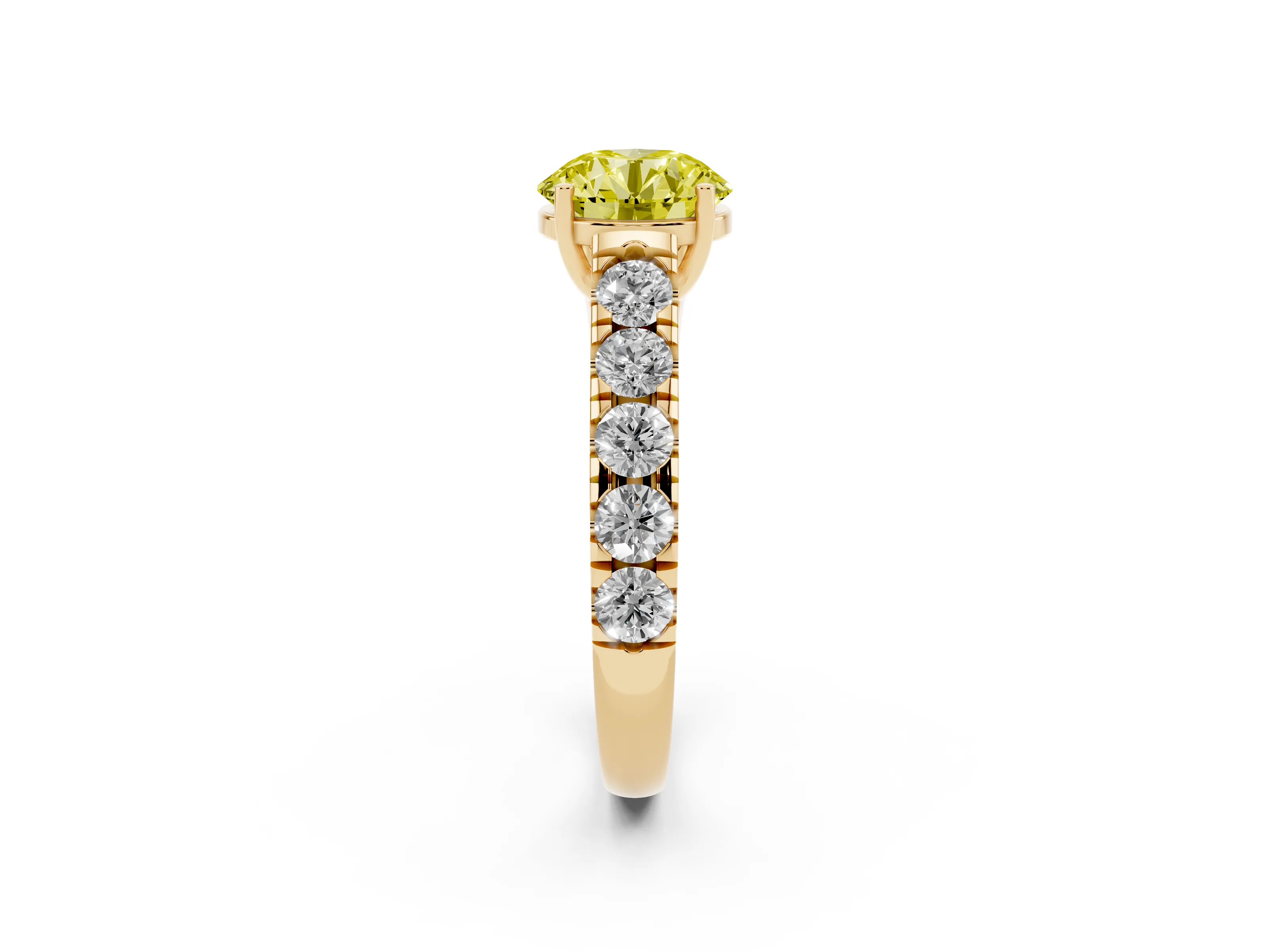 Fancy Yellow Round Cut Diamond Solitaire Ring Set in Yellow gold with Cut-Down Micro Pavé Band and Prong Setting