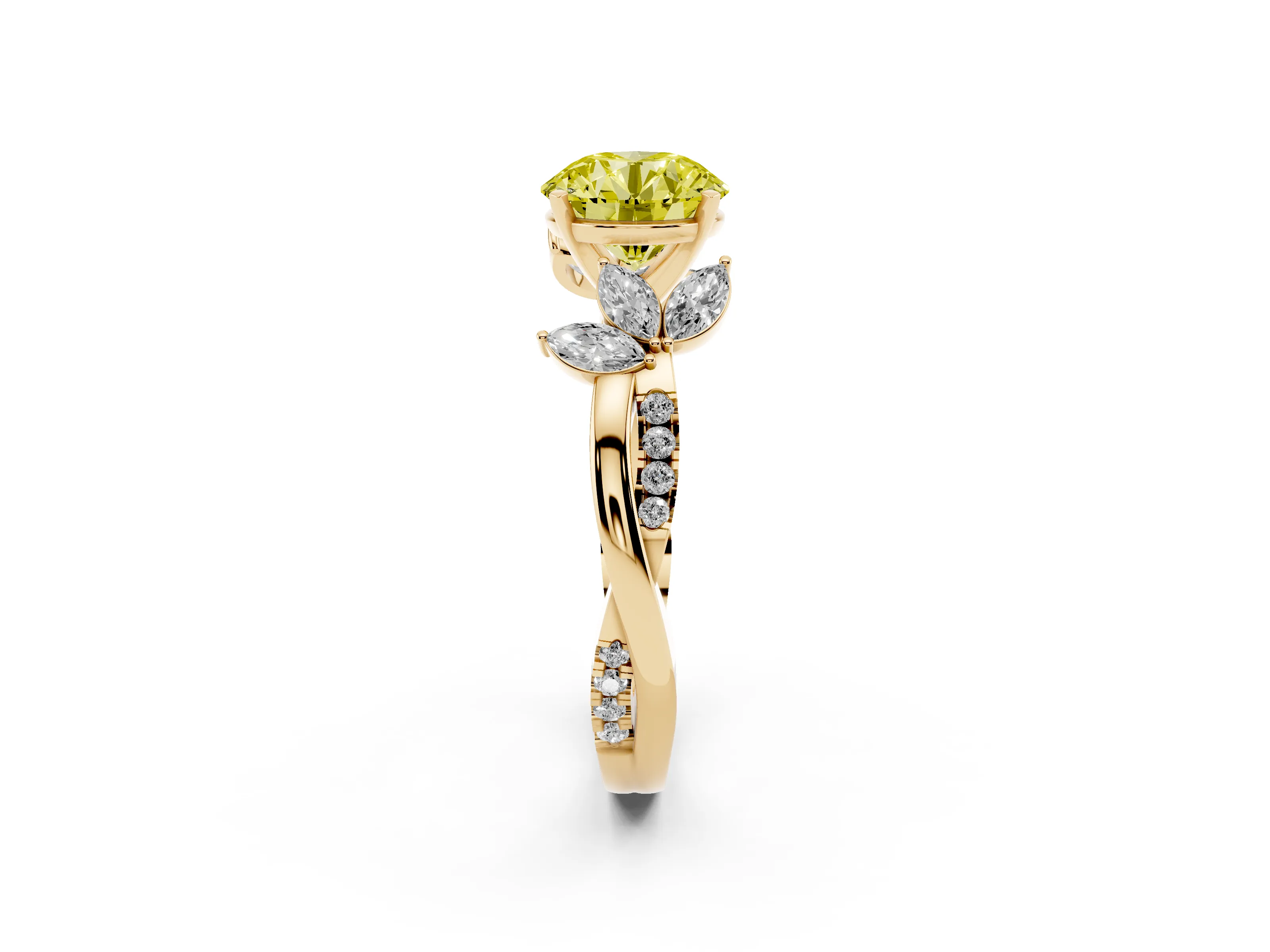 Fancy Yellow Round Cut Diamond Floral Vine Solitaire Engagement Ring Set in Yellow gold with Marquise Leaves