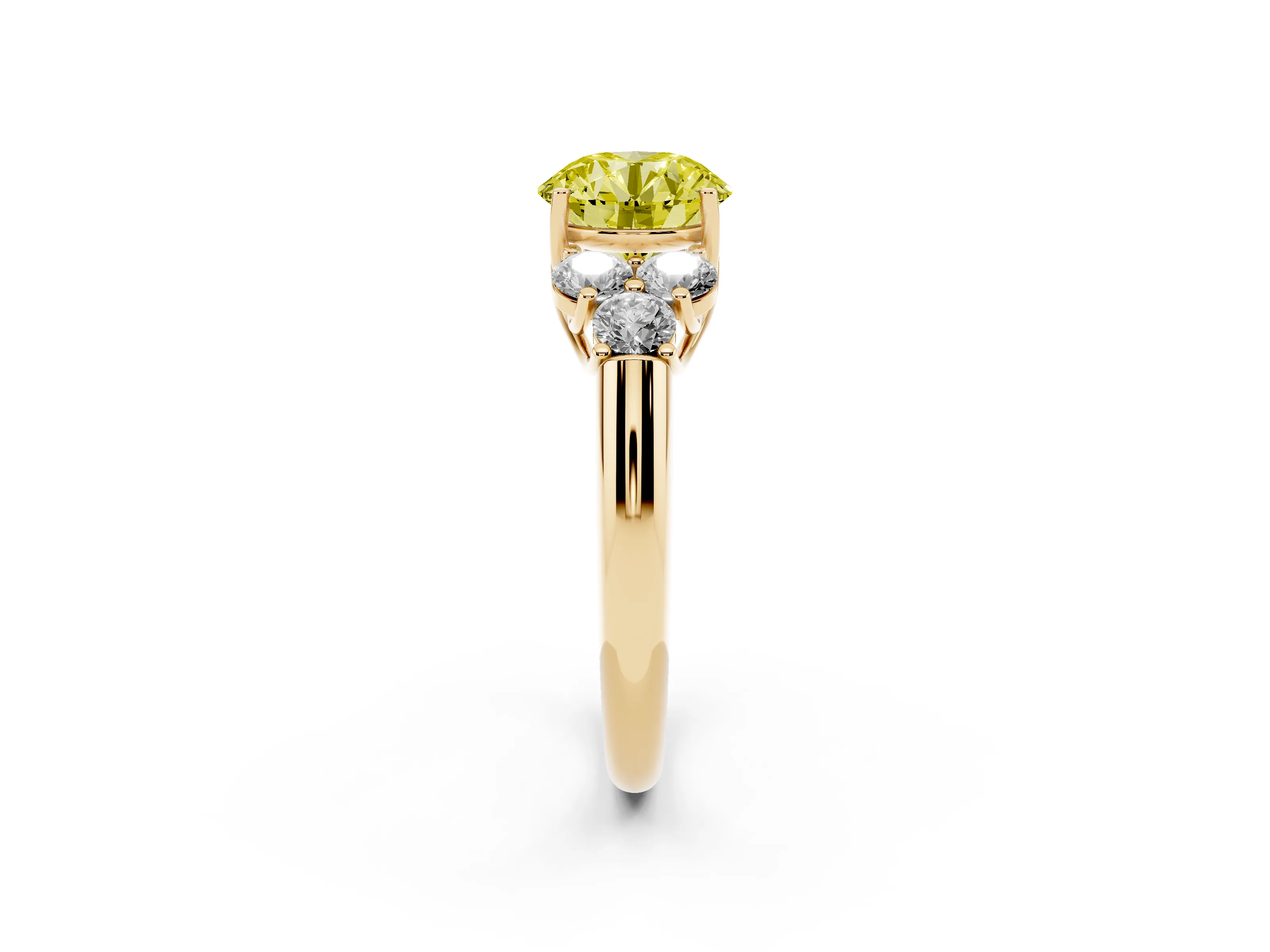 Fancy Yellow Round Cut Diamond Cluster Ring Set in Yellow gold with Round Accent Stones and Prong Setting on a Plain Band
