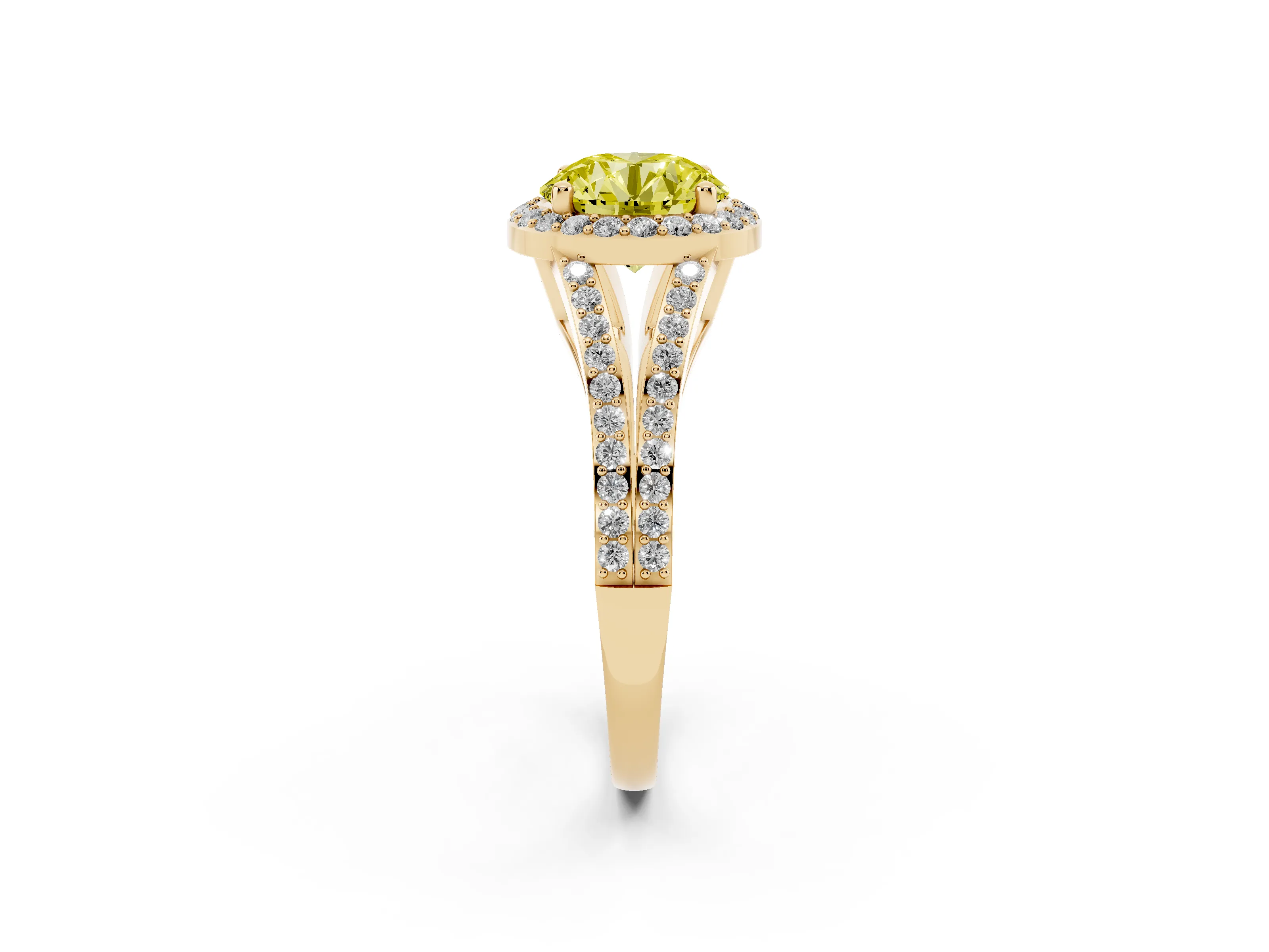 Fancy Yellow Round Cut Diamond Halo Split Shank Pavé Ring Set in Yellow gold with Prong Setting