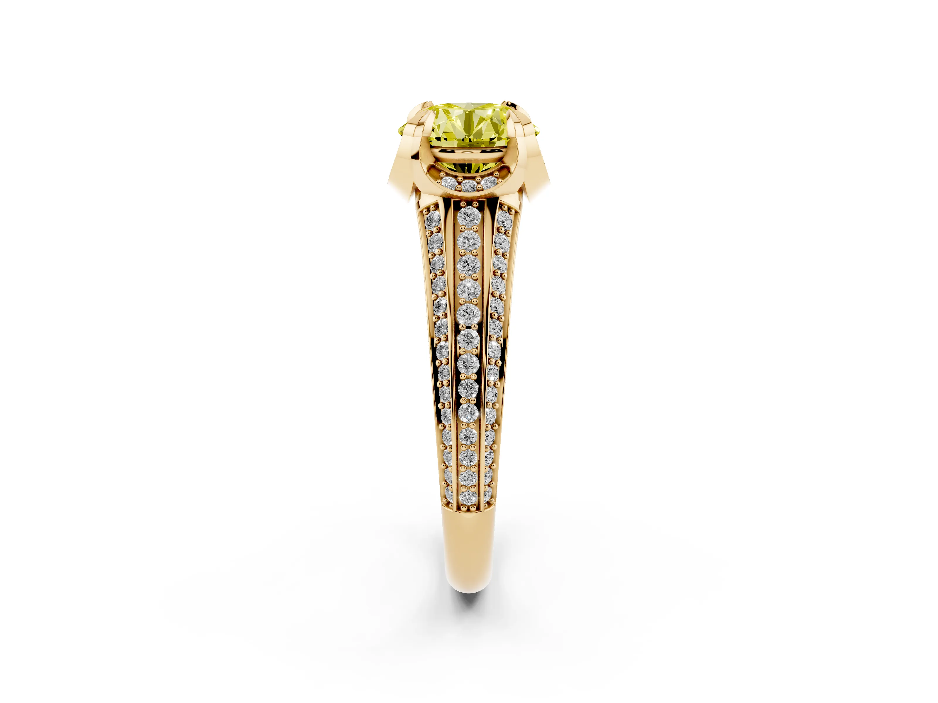 Fancy Yellow Round Cut Diamond Pavé Split Shank Solitaire Ring Set in Yellow gold with Prong Setting