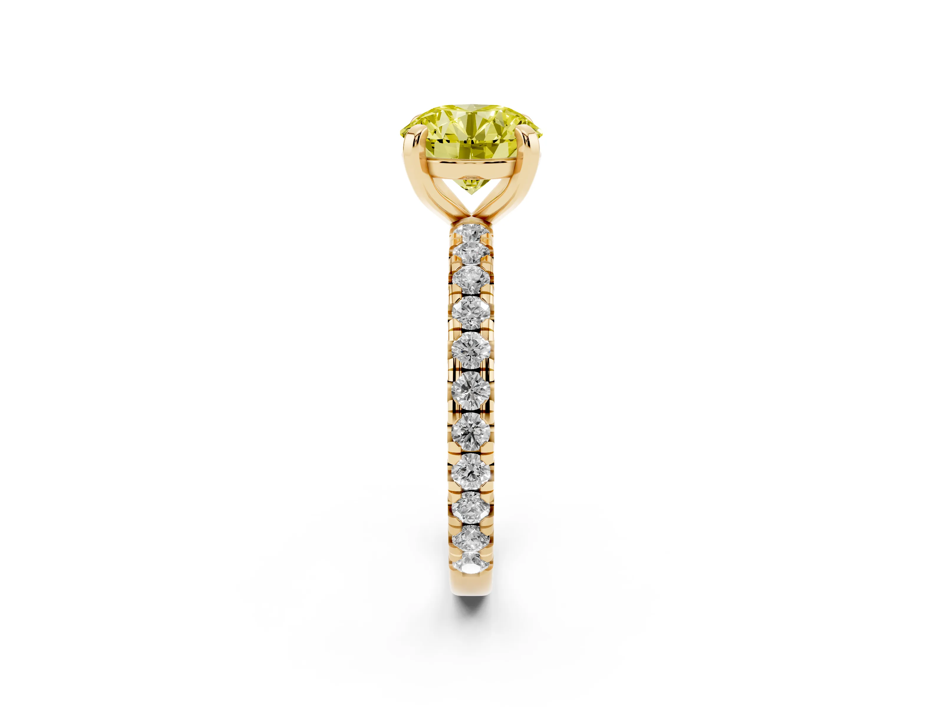 Fancy Yellow Round Cut Diamond Pavé Solitaire Ring Set in Yellow gold with Round Band and Prong Setting