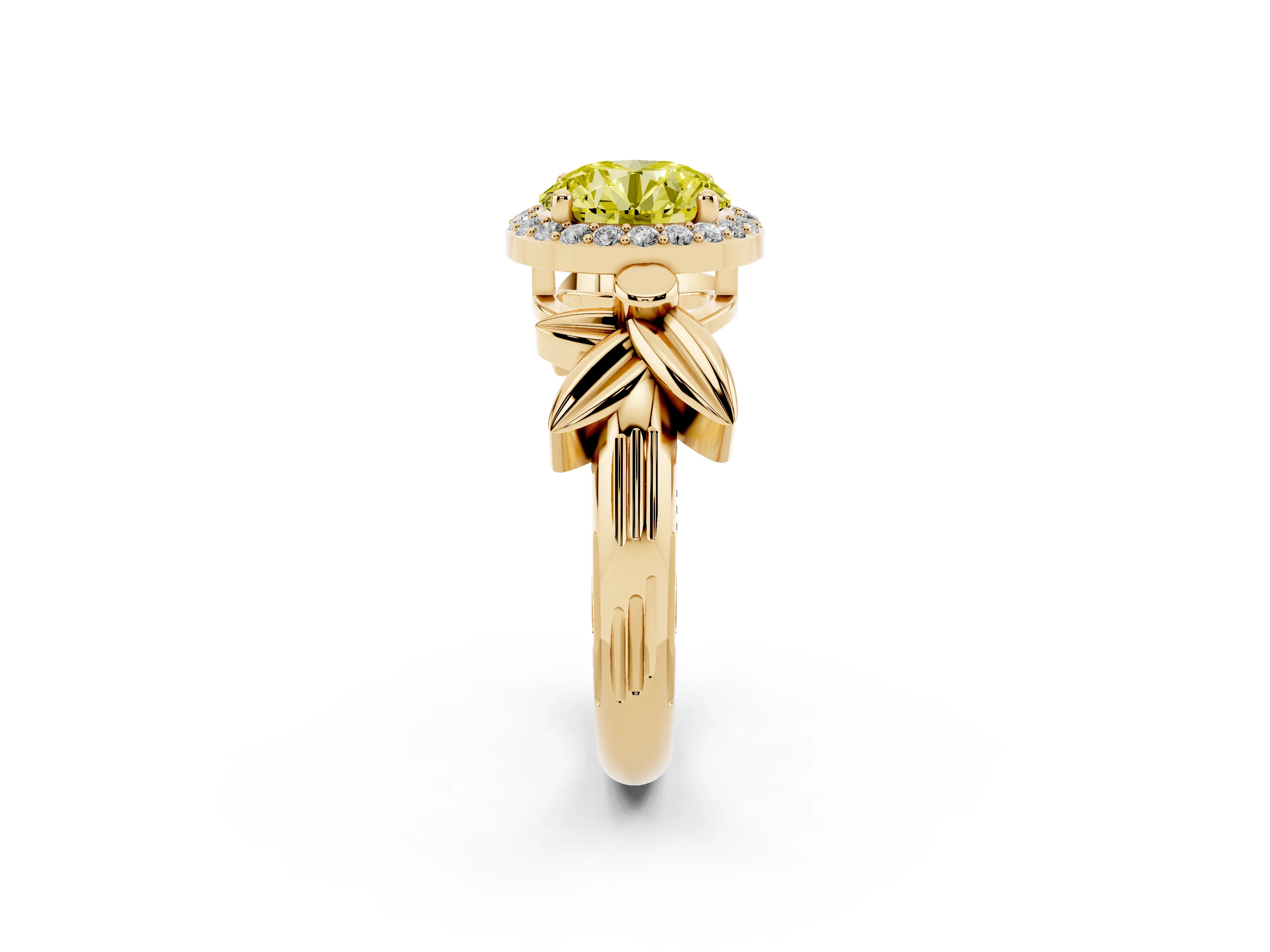 Fancy Yellow Round Cut Diamond Halo Floral Band Ring Set in Yellow gold with Prong Setting