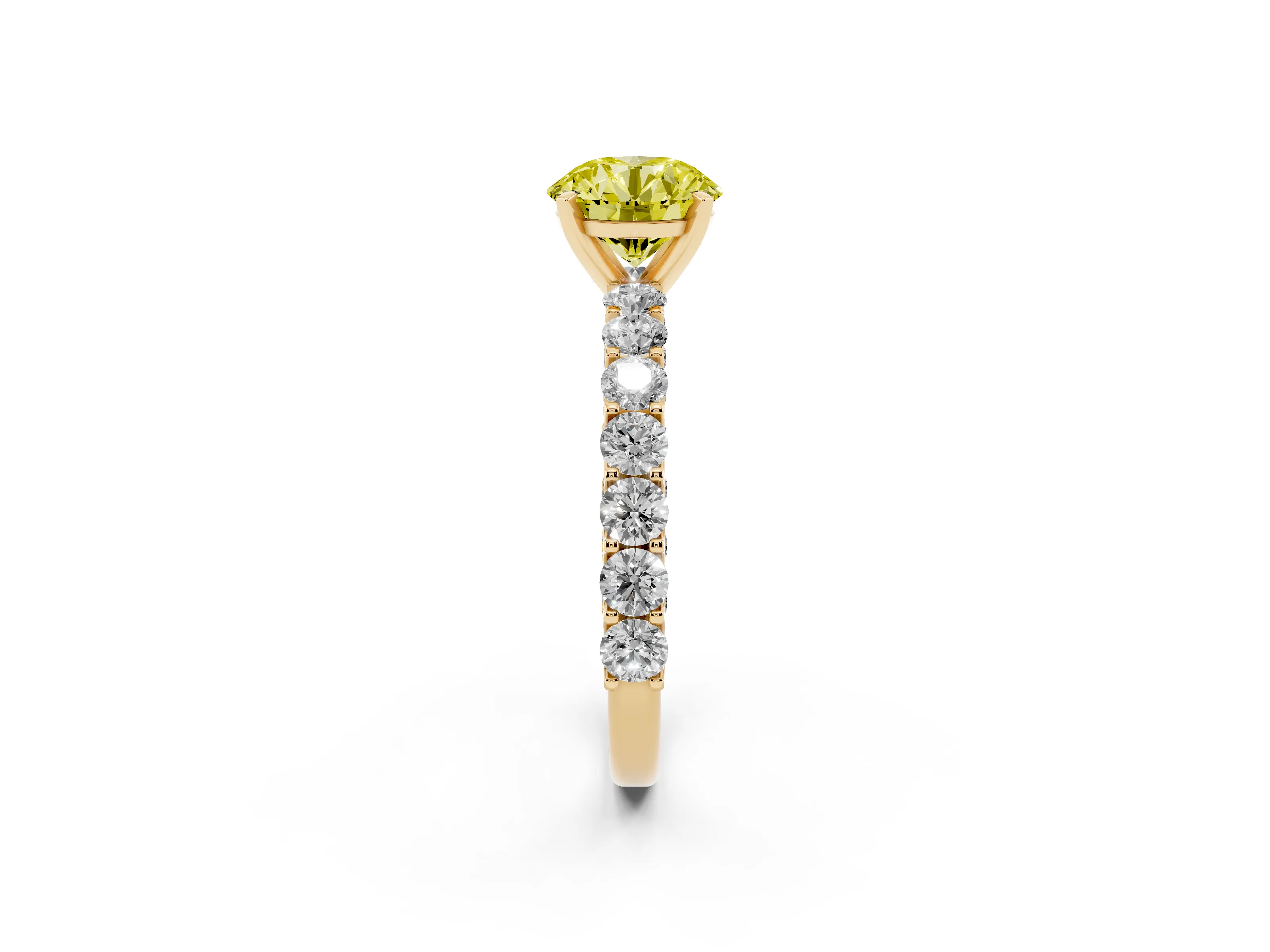 Fancy Yellow Round Cut Diamond Solitaire Ring Set in Yellow gold with Shared Prong Pavé Band
