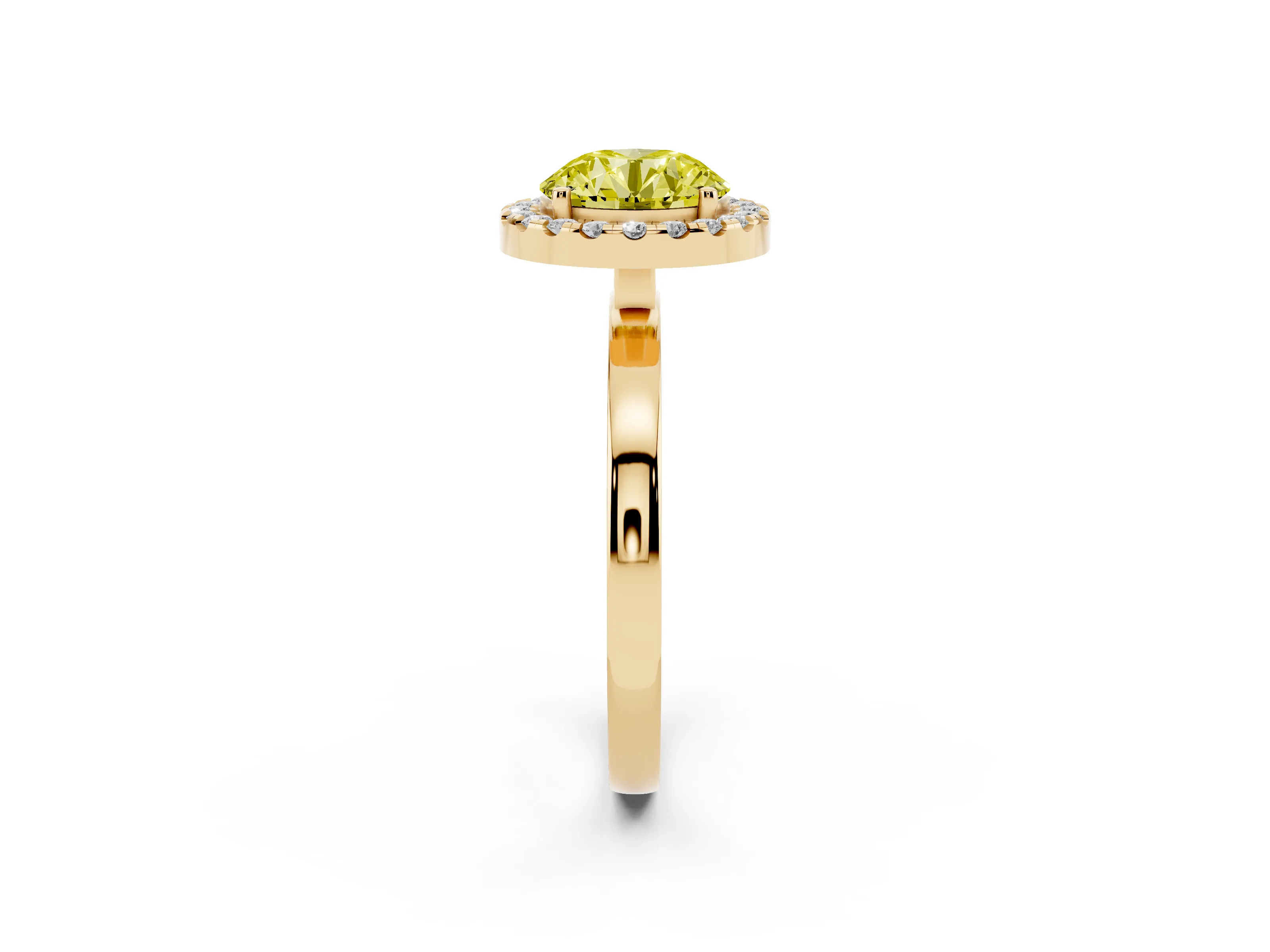 Fancy Yellow Round Cut Diamond Halo Solitaire Ring Set in Yellow gold with Pavé Band and Prong Setting