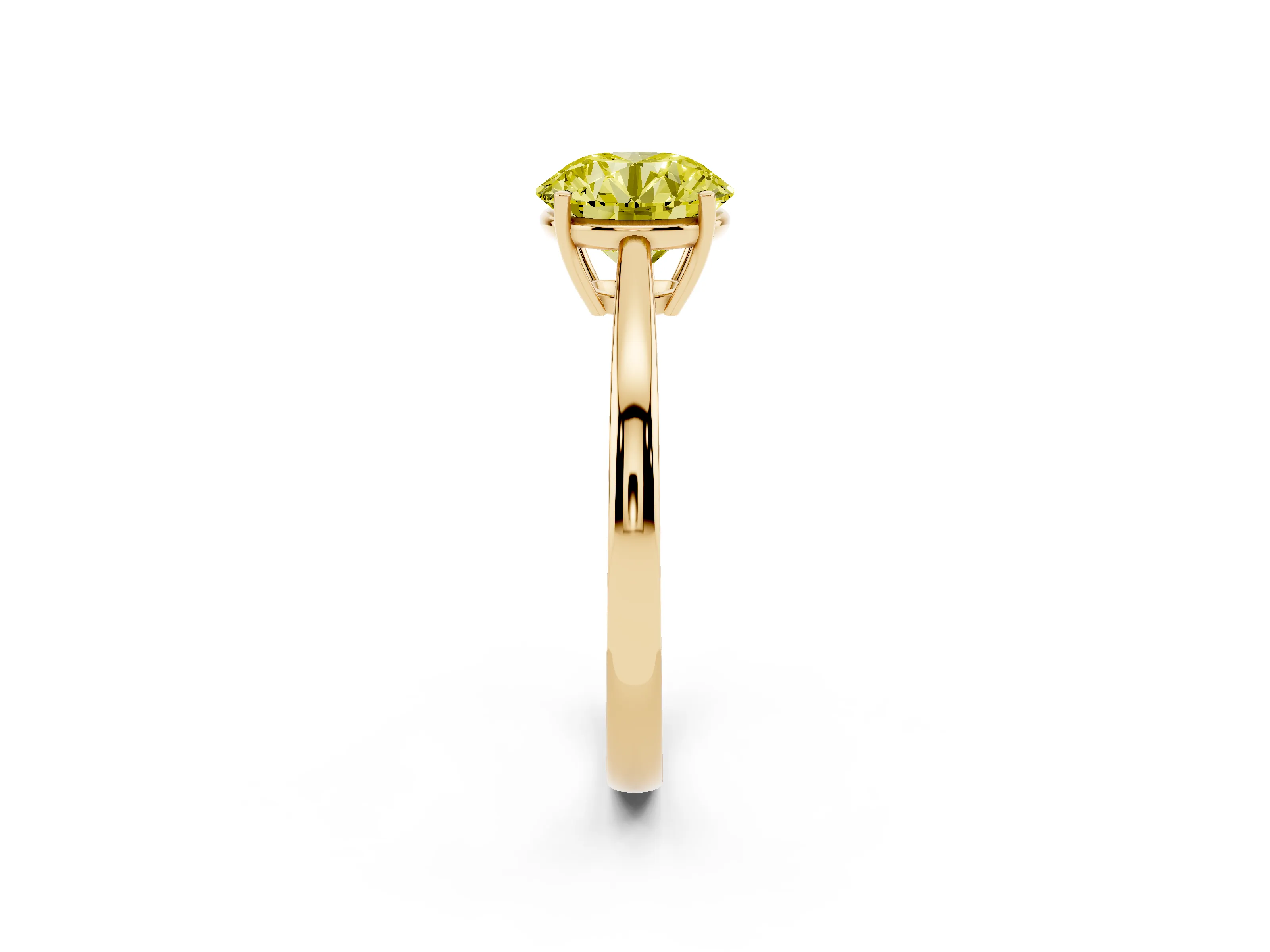 Fancy Yellow Round Cut Diamond Solitaire Ring Set in Yellow gold with Split Shank and Prong Setting