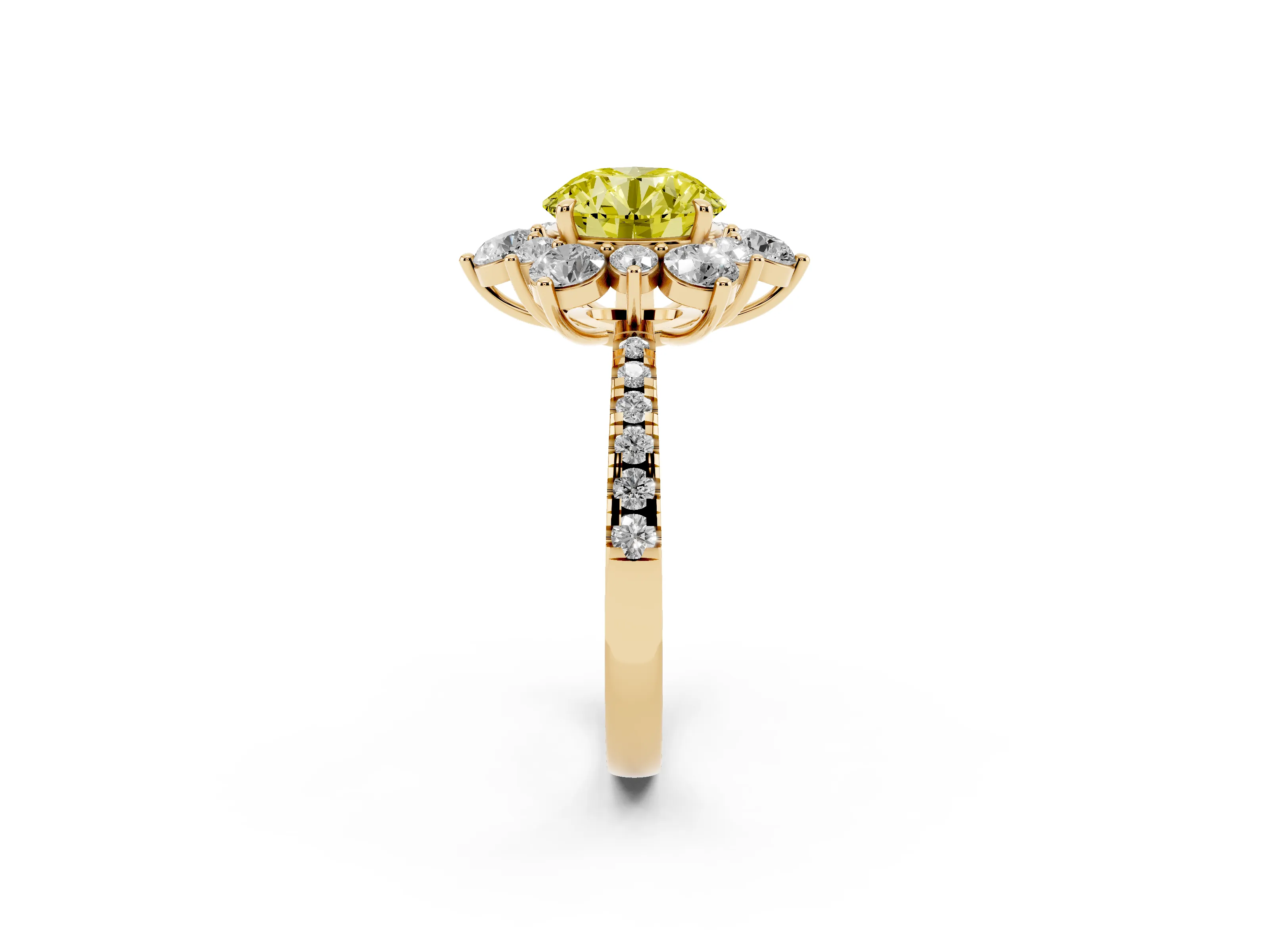 Fancy Yellow Round Cut Diamond Floral Halo Ring Set in Yellow gold with Round Pavé Band and Prong Setting
