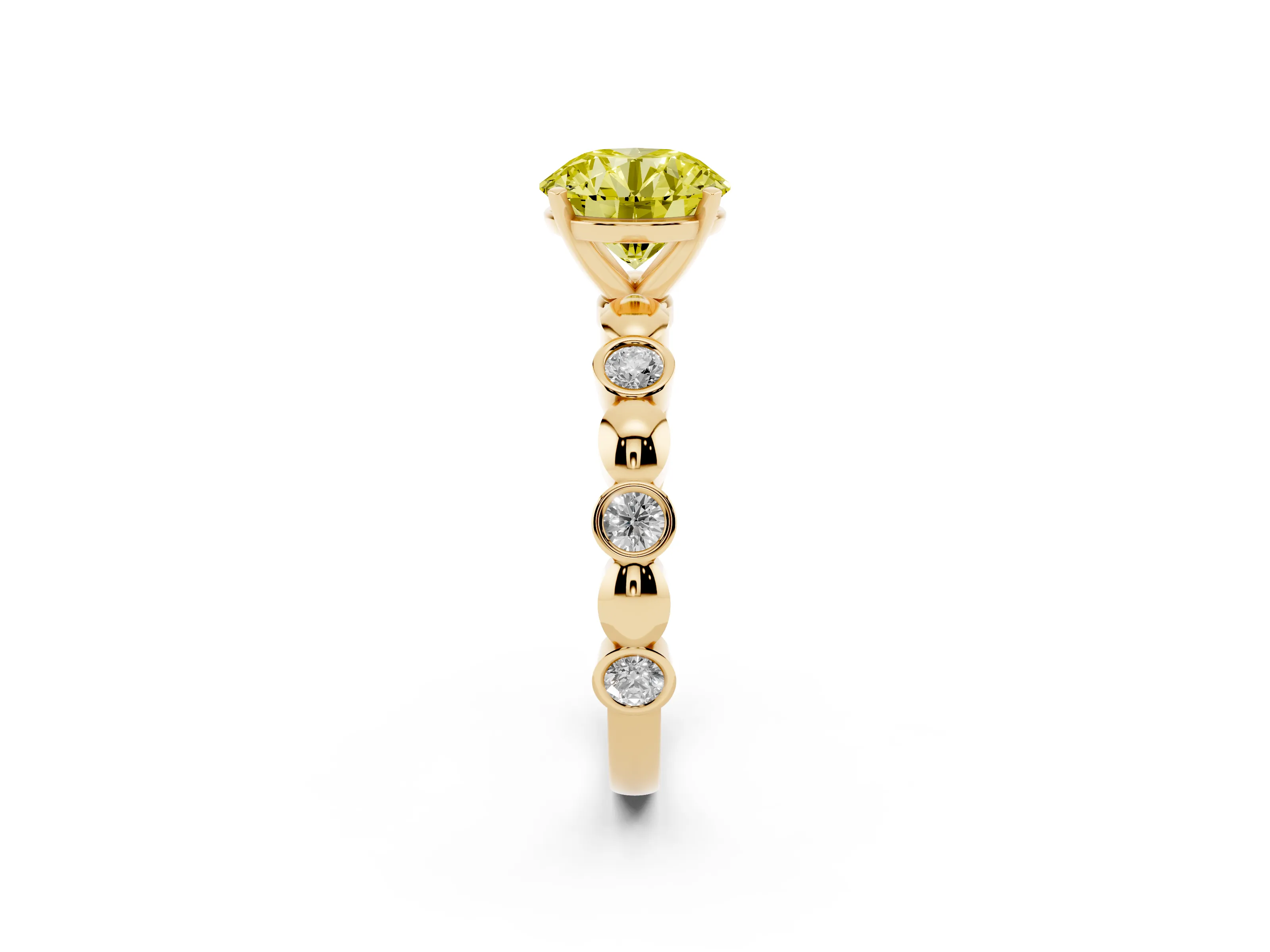 Fancy Yellow Round Cut Diamond Solitaire Ring Set in Yellow gold with Bezel-Set Accents on Beaded Band and Prong Setting