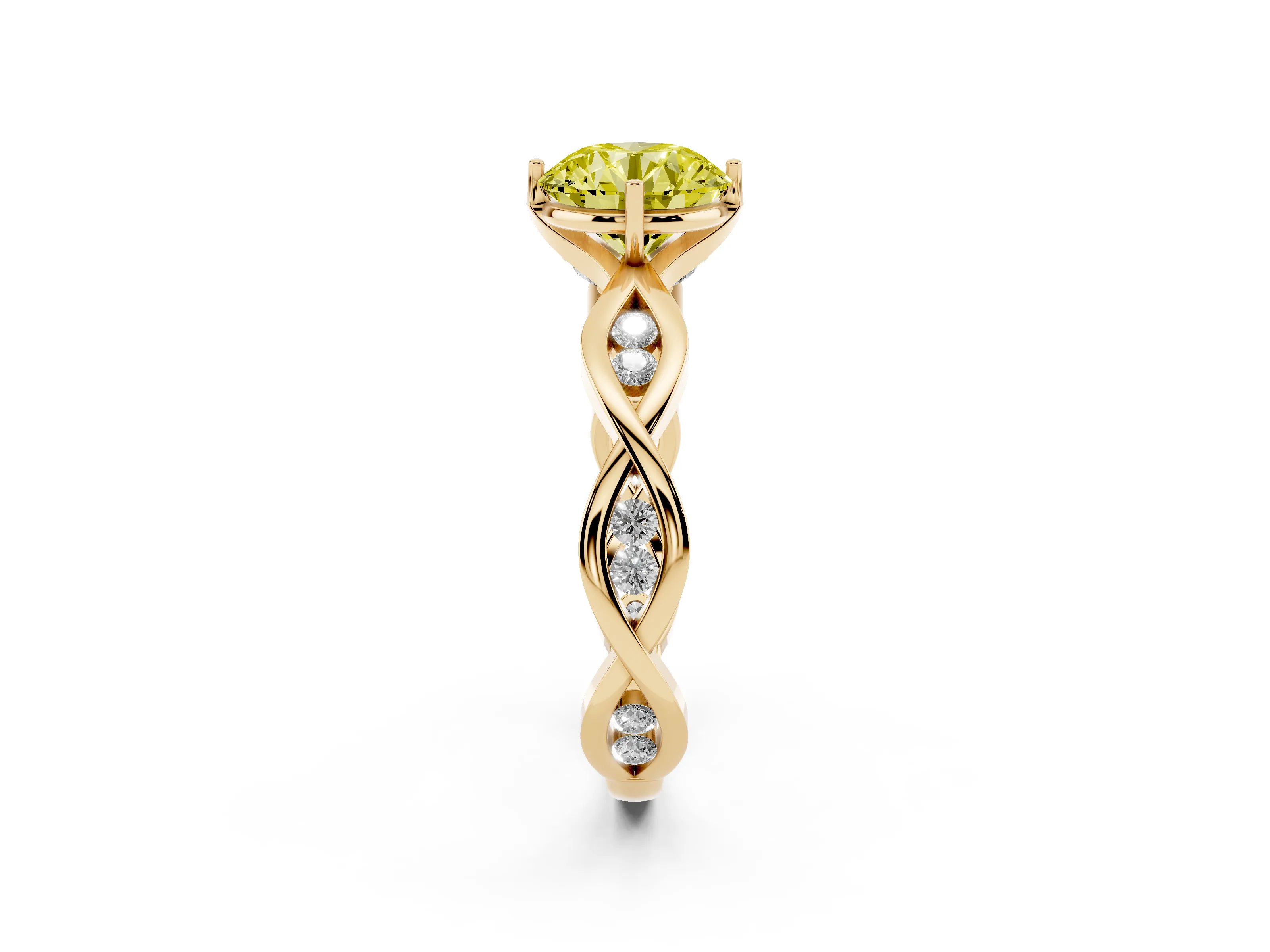 Fancy Yellow Round Cut Diamond Twist Band Solitaire Ring Set in Yellow gold with Leaf Prong Setting and Accent Stones