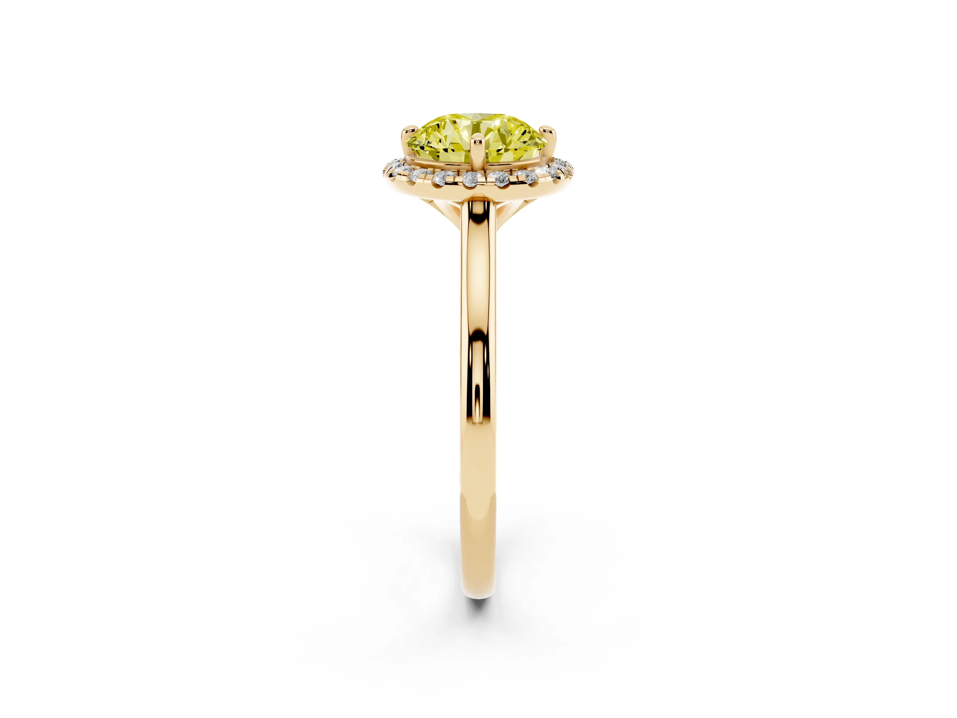 Fancy Yellow Round Cut Diamond Halo Engagement Ring Set in Yellow gold with Pavé Band and Rising Shoulders