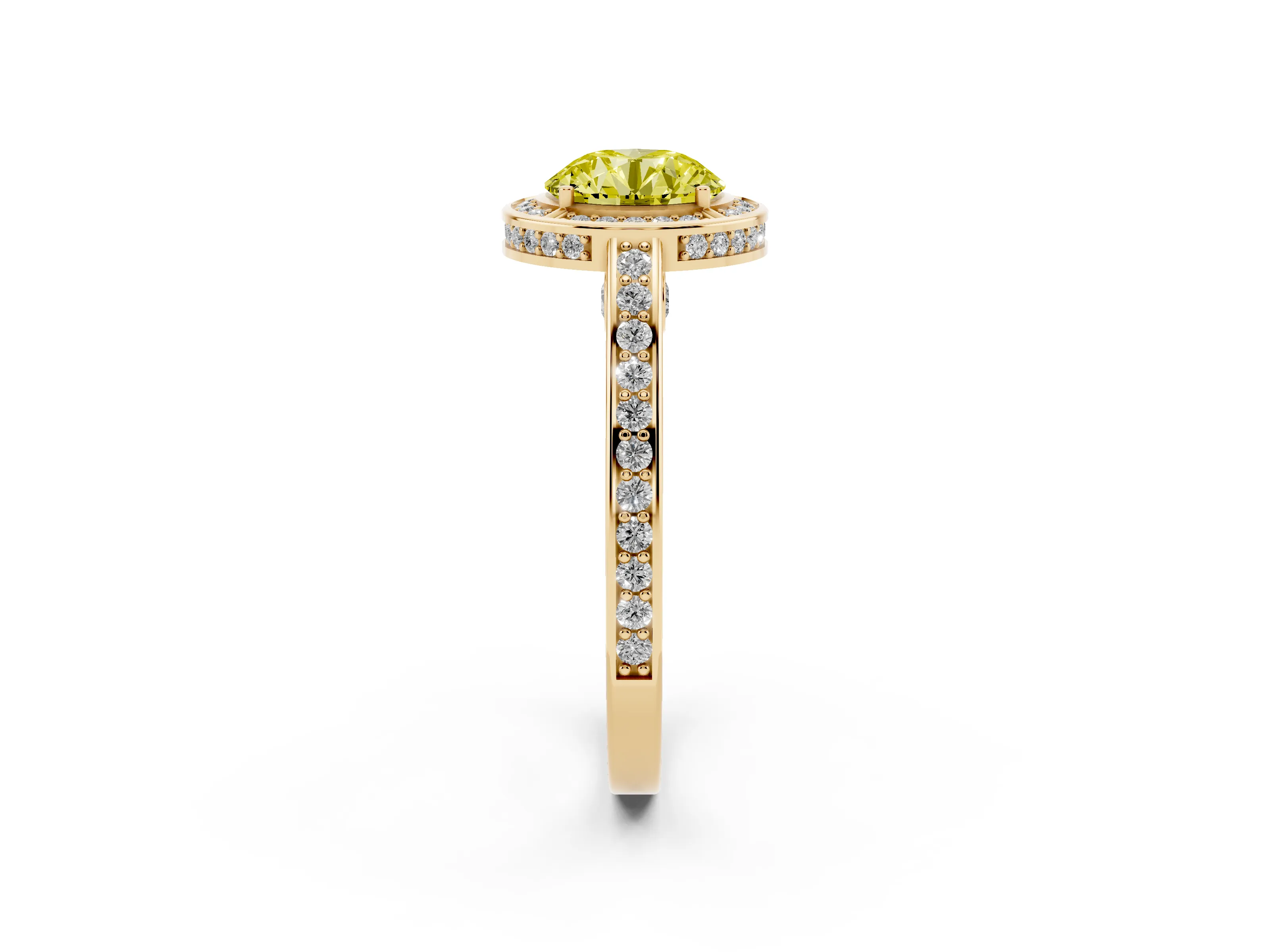 Fancy Yellow Round Cut Diamond Halo Pavé Split Shank Ring Set in Yellow gold with Prong Setting
