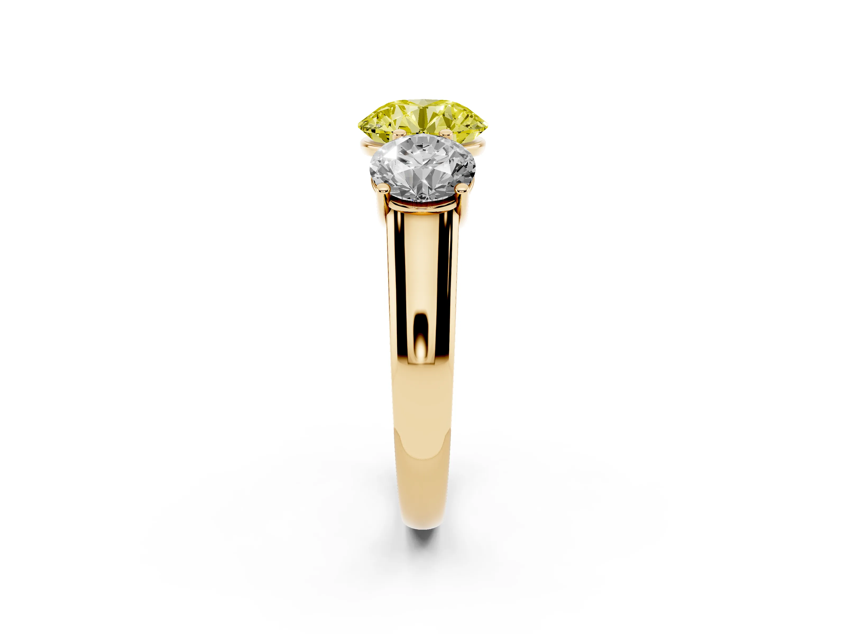 Fancy Yellow Round Cut Diamond Three-Stone Ring Set in Yellow gold with Plain Polished Band