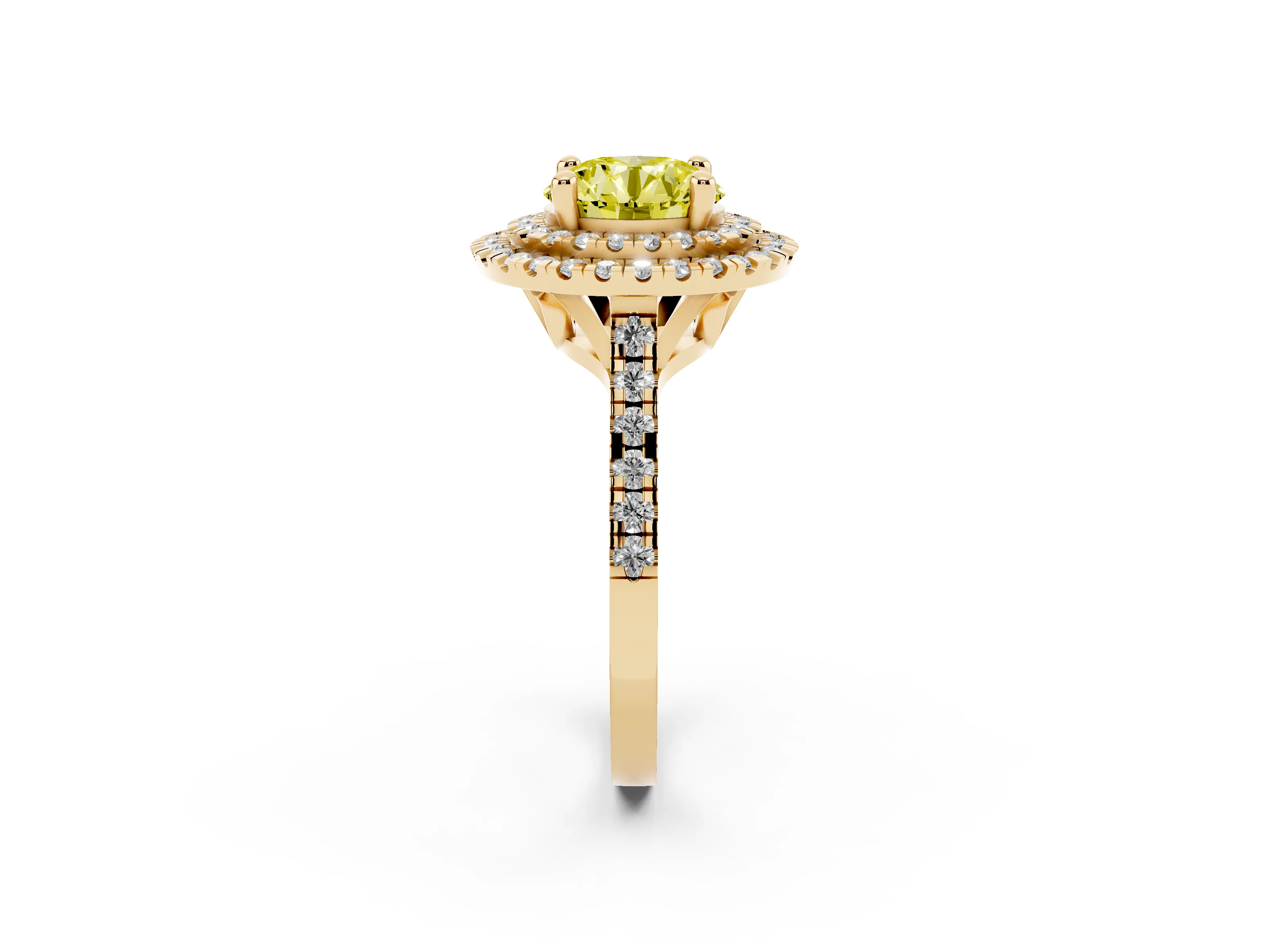 Fancy Yellow Round Cut Diamond Double Halo Statement Ring Set in Yellow gold with Pavé Band