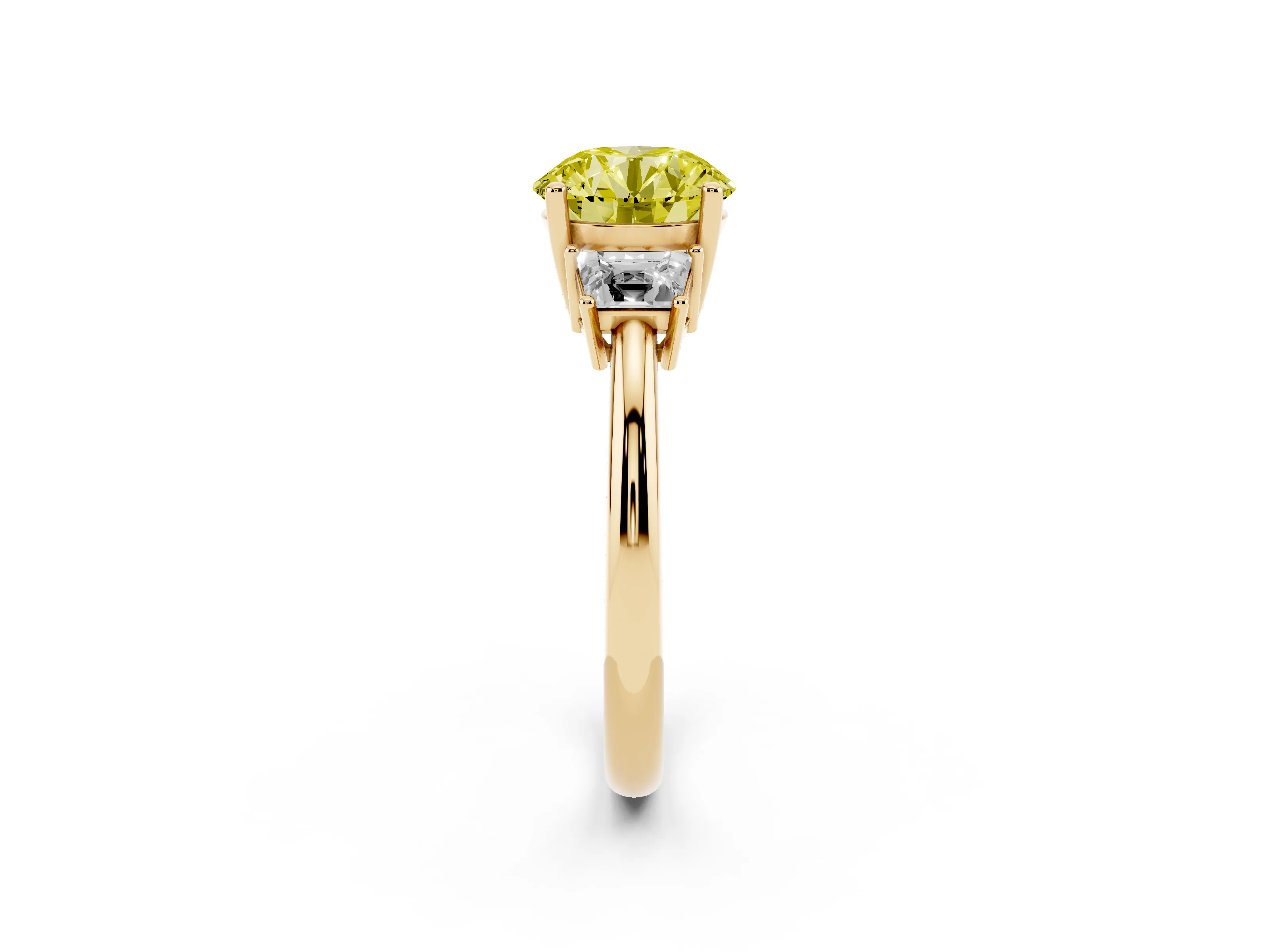 Fancy Yellow Round Cut Diamond Three-Stone Ring Set in Yellow gold with Trapezoid Side Stones and Prong Setting