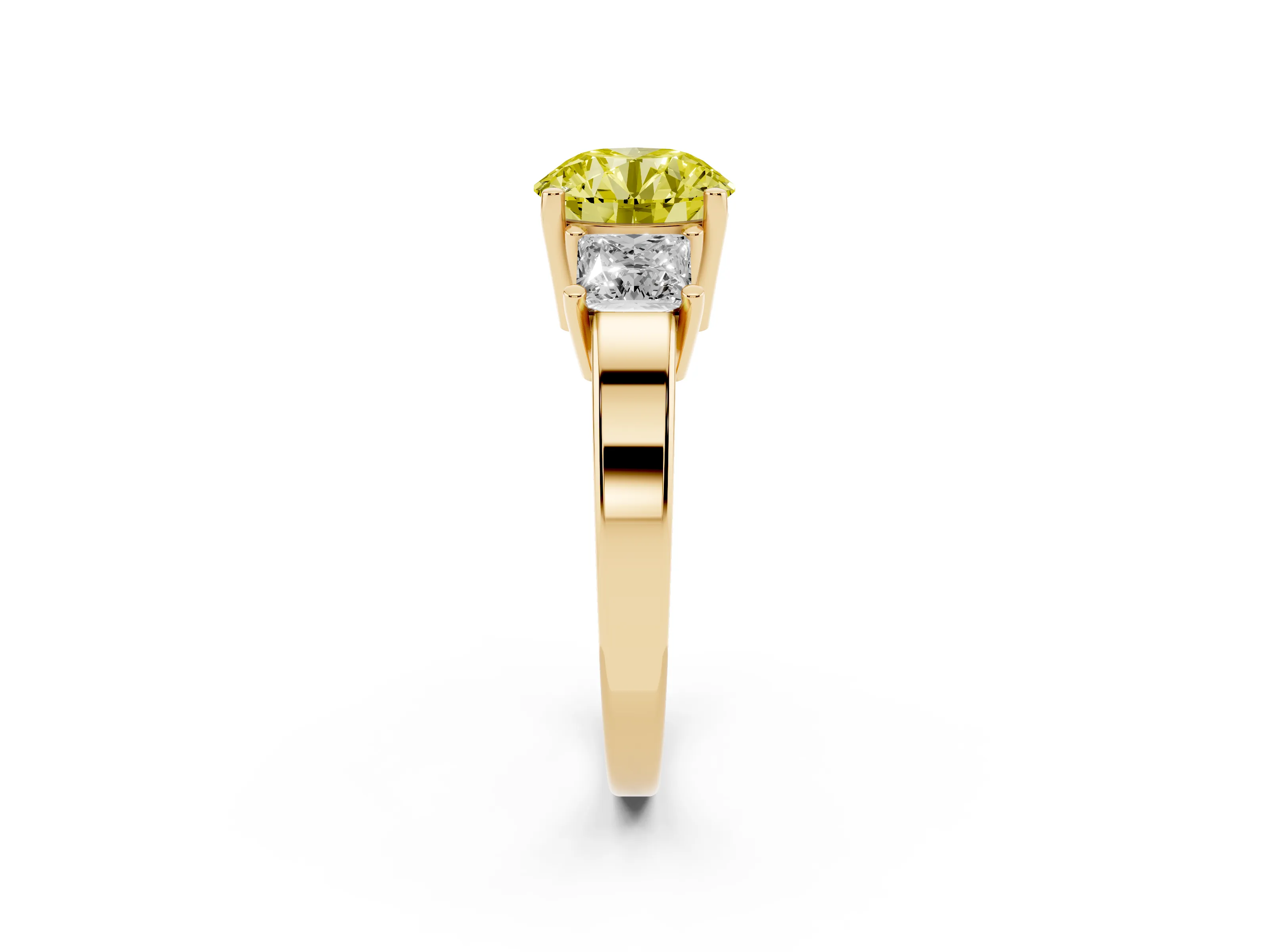 Fancy Yellow Three-Stone Round Cut Diamond Solitaire Ring Set in Yellow gold with Prong Setting