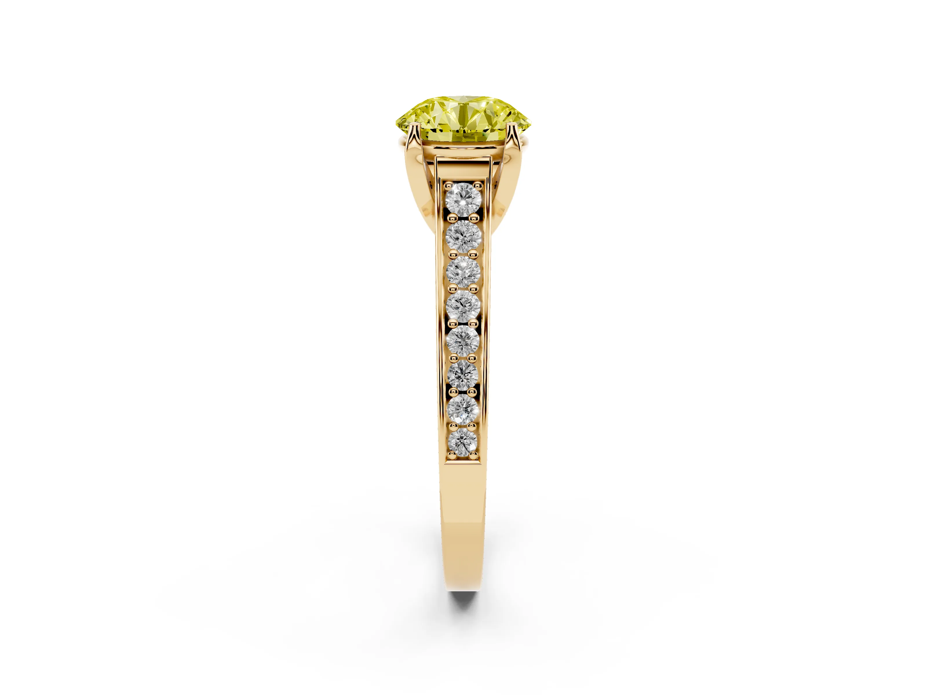 Fancy Yellow Round Cut Diamond Solitaire Pavé Engagement Ring Set in Yellow gold with Prong Setting