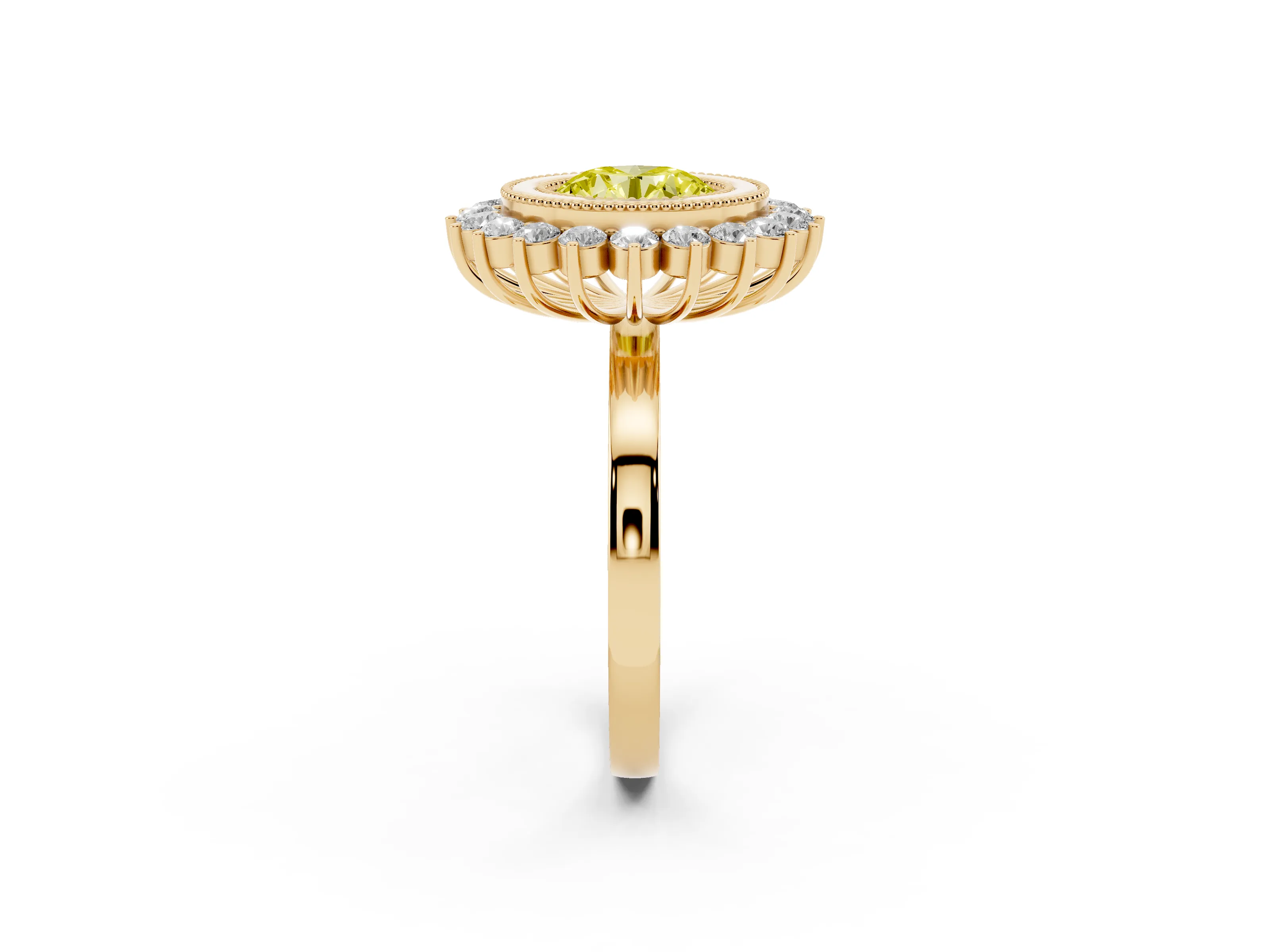Fancy Yellow Round Cut Diamond Halo Ring Set in Yellow gold with Milgrain Edge and Round Prong Setting