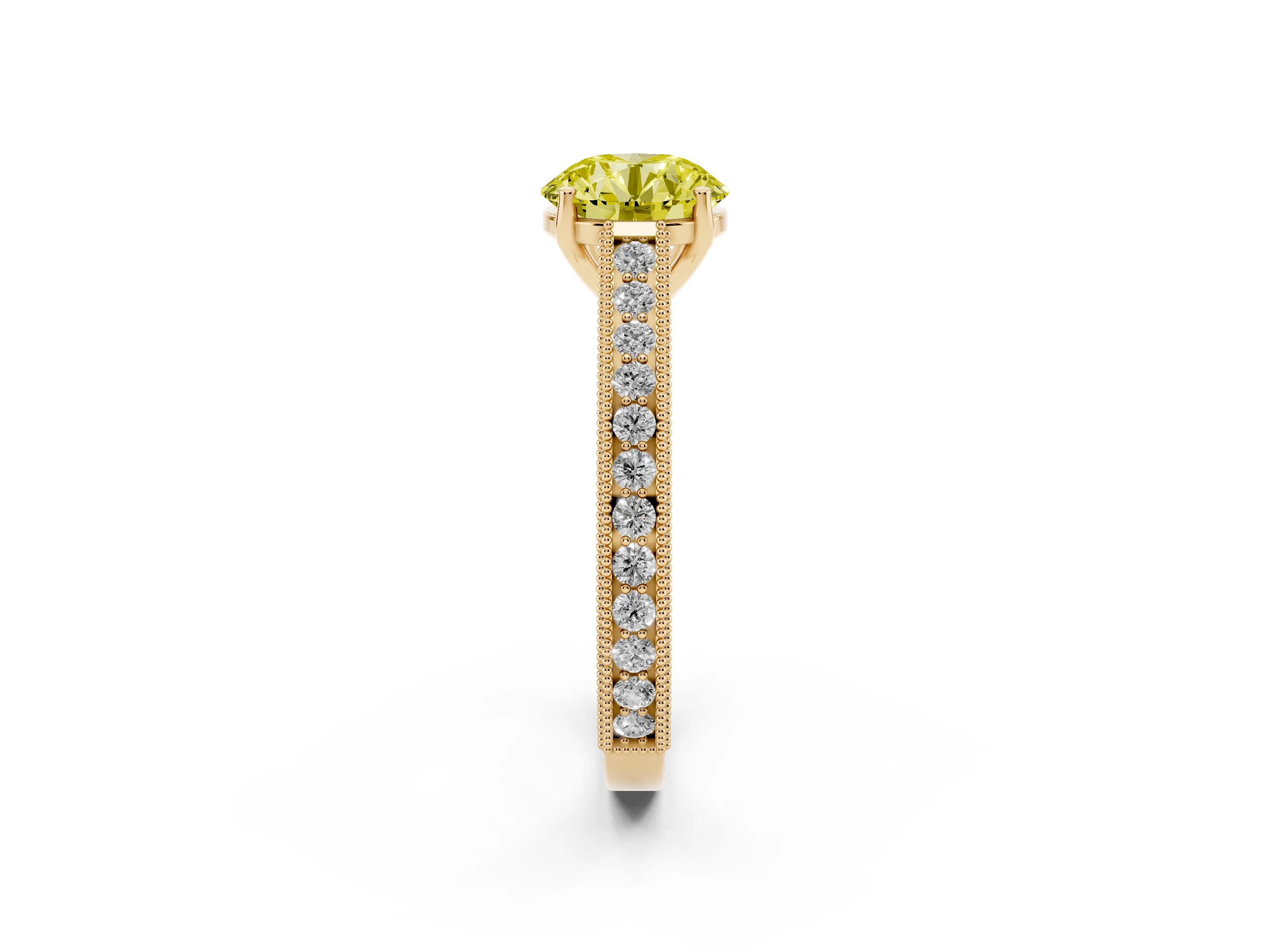 Fancy Yellow Round Cut Diamond Milgrain Pavé Band Solitaire Ring Set in Yellow gold with Prong Setting