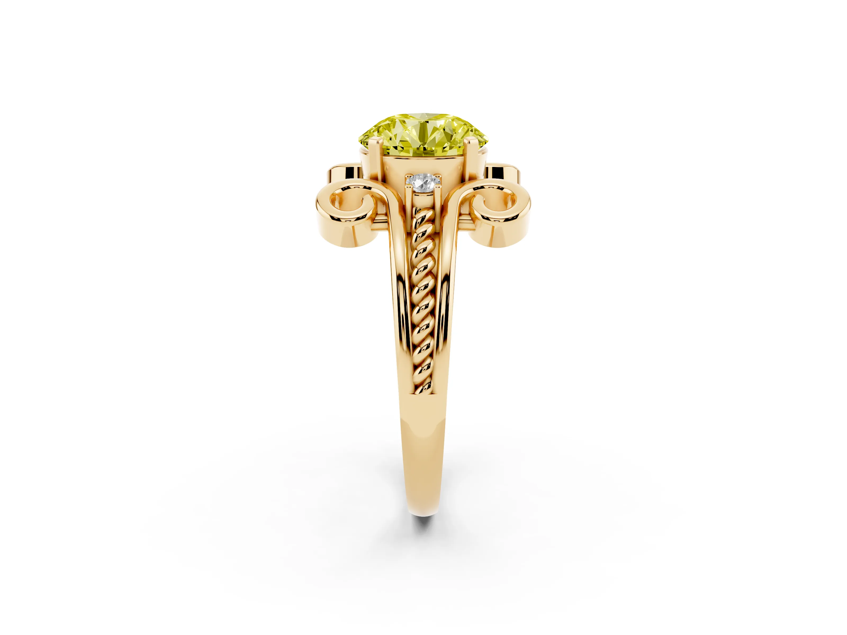 Fancy Yellow Round Cut Diamond Twisted Band Solitaire Ring Set in Yellow gold with Scroll Prongs