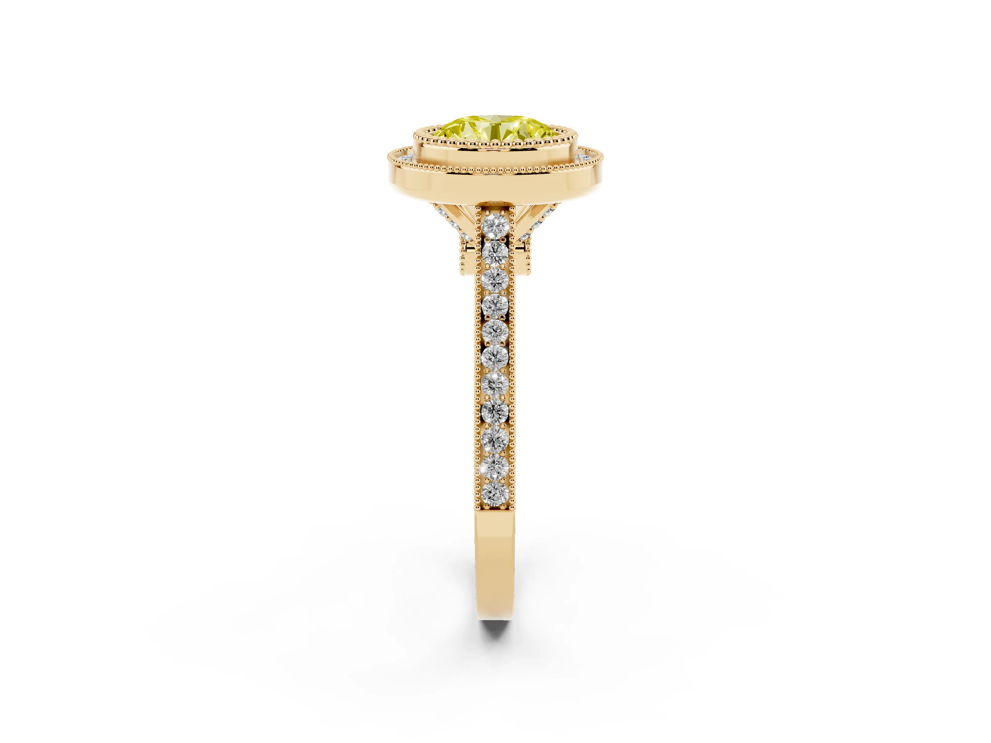 Fancy Yellow Round Cut Diamond Halo Ring Set in Yellow gold with Milgrain Frame and Pavé Band