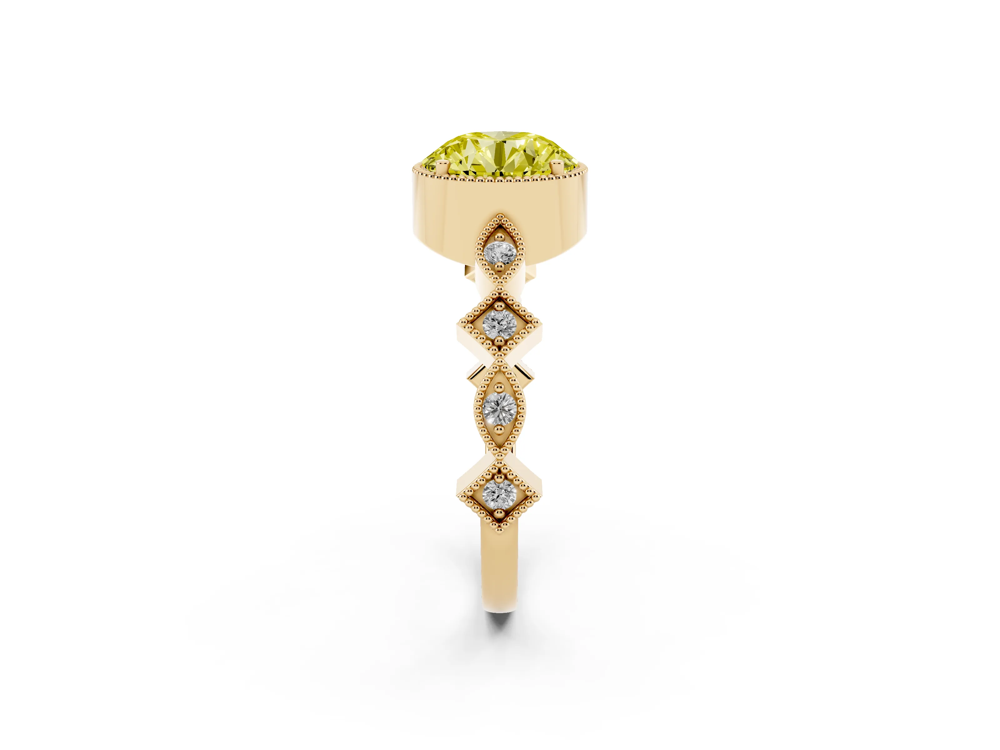 Fancy Yellow Round Cut Diamond Milgrain Marquise Twist Band Ring Set in Yellow gold with Prong Setting