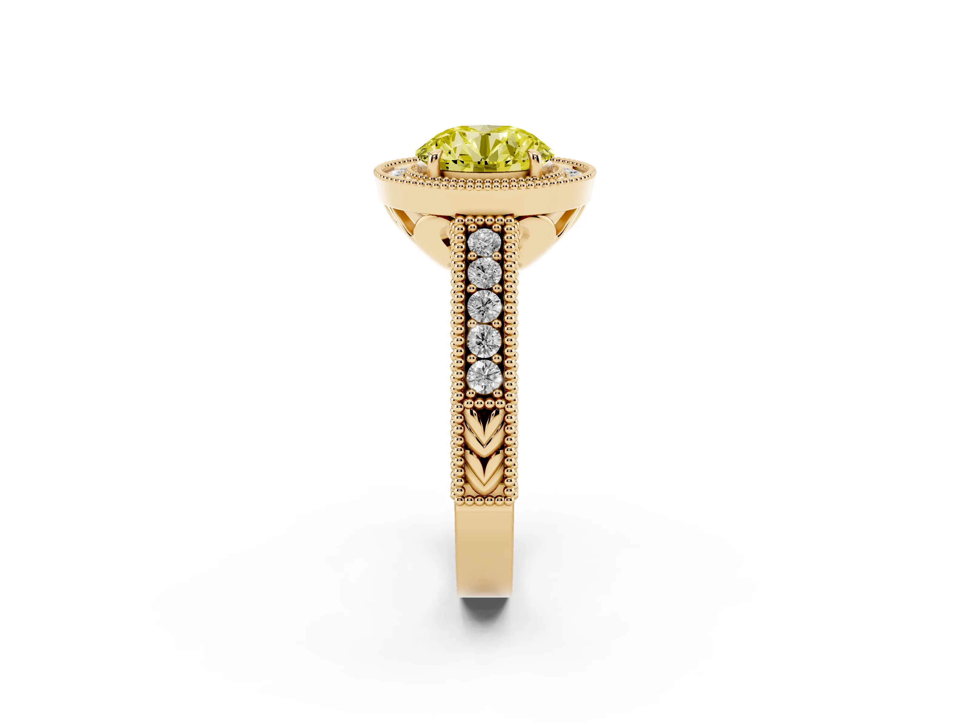 Fancy Yellow Round Cut Diamond Halo Ring Set in Yellow gold with Round Accent Halo, Pavé Band and Prong Setting
