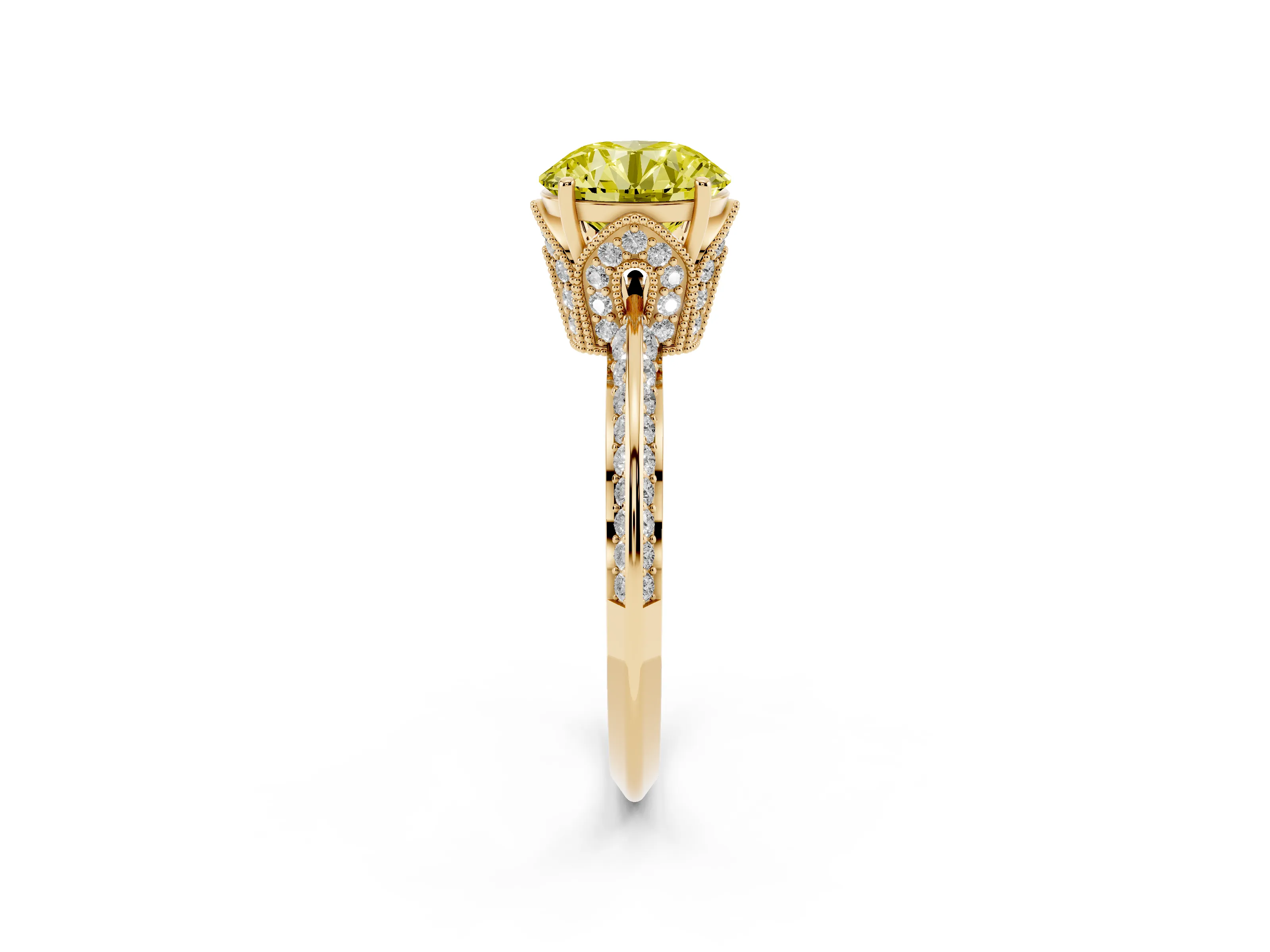 Fancy Yellow Round Cut Diamond Solitaire Engagement Ring Set in Yellow gold with Pavé Split Shank and Prong Setting