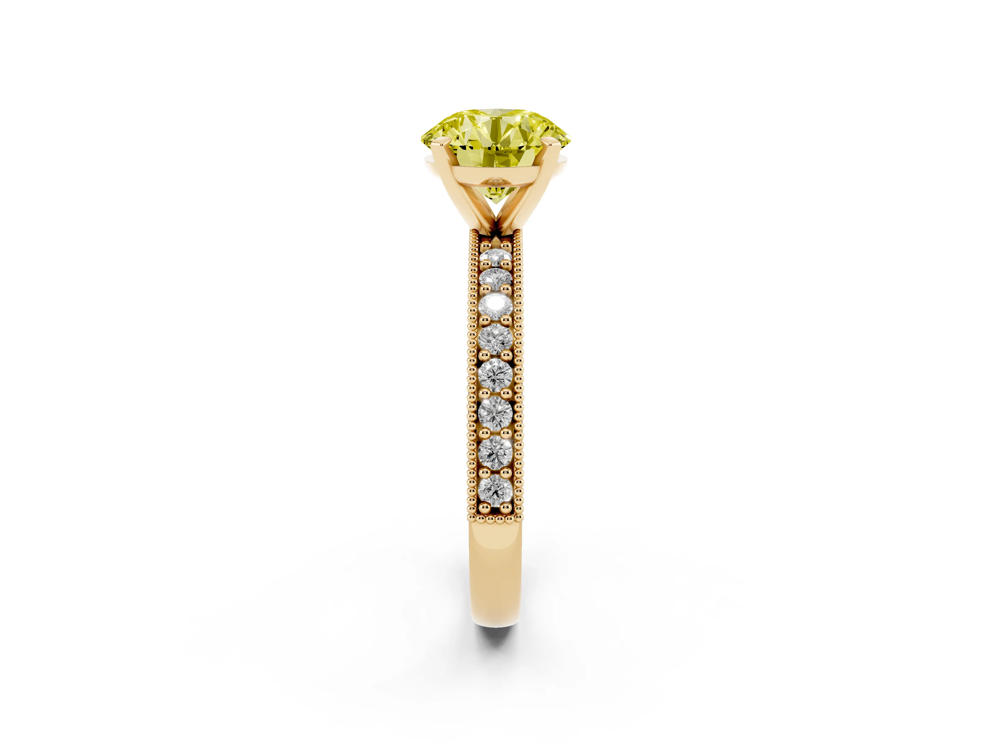 Fancy Yellow Round Cut Diamond Milgrain Pavé Engagement Ring Set in Yellow gold with Prong Setting