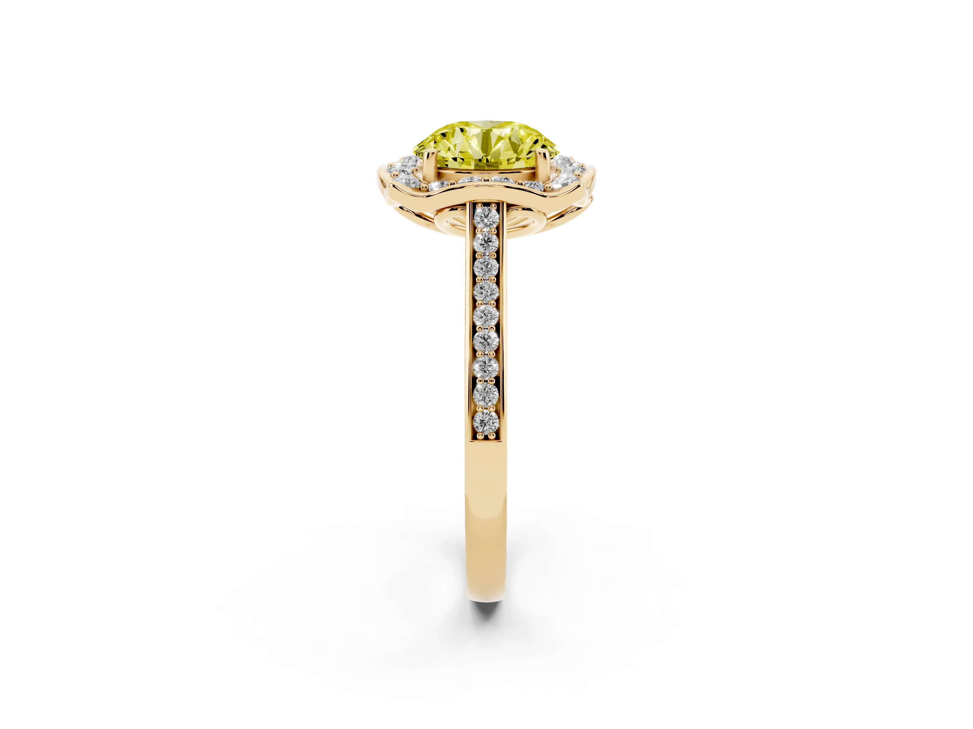 Fancy Yellow Round Cut Diamond Halo Ring Set in Yellow gold with Pavé-Lined Shoulders and Prong Setting