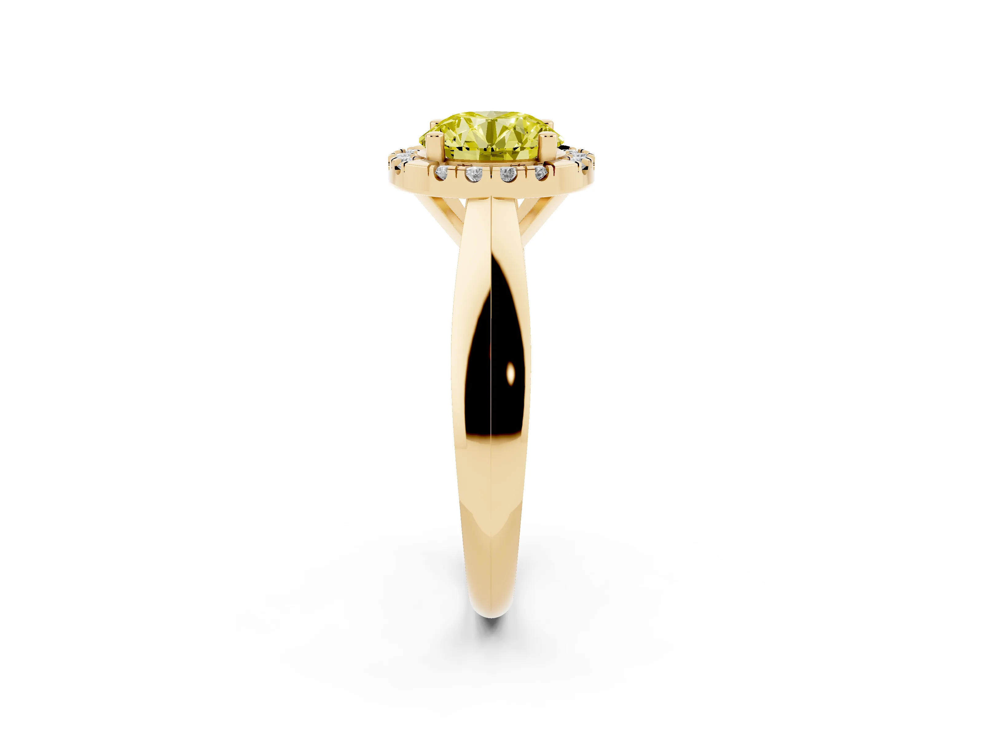 Fancy Yellow Round Cut Diamond Halo Solitaire Engagement Ring Set in Yellow gold with Square Band and Prong Setting