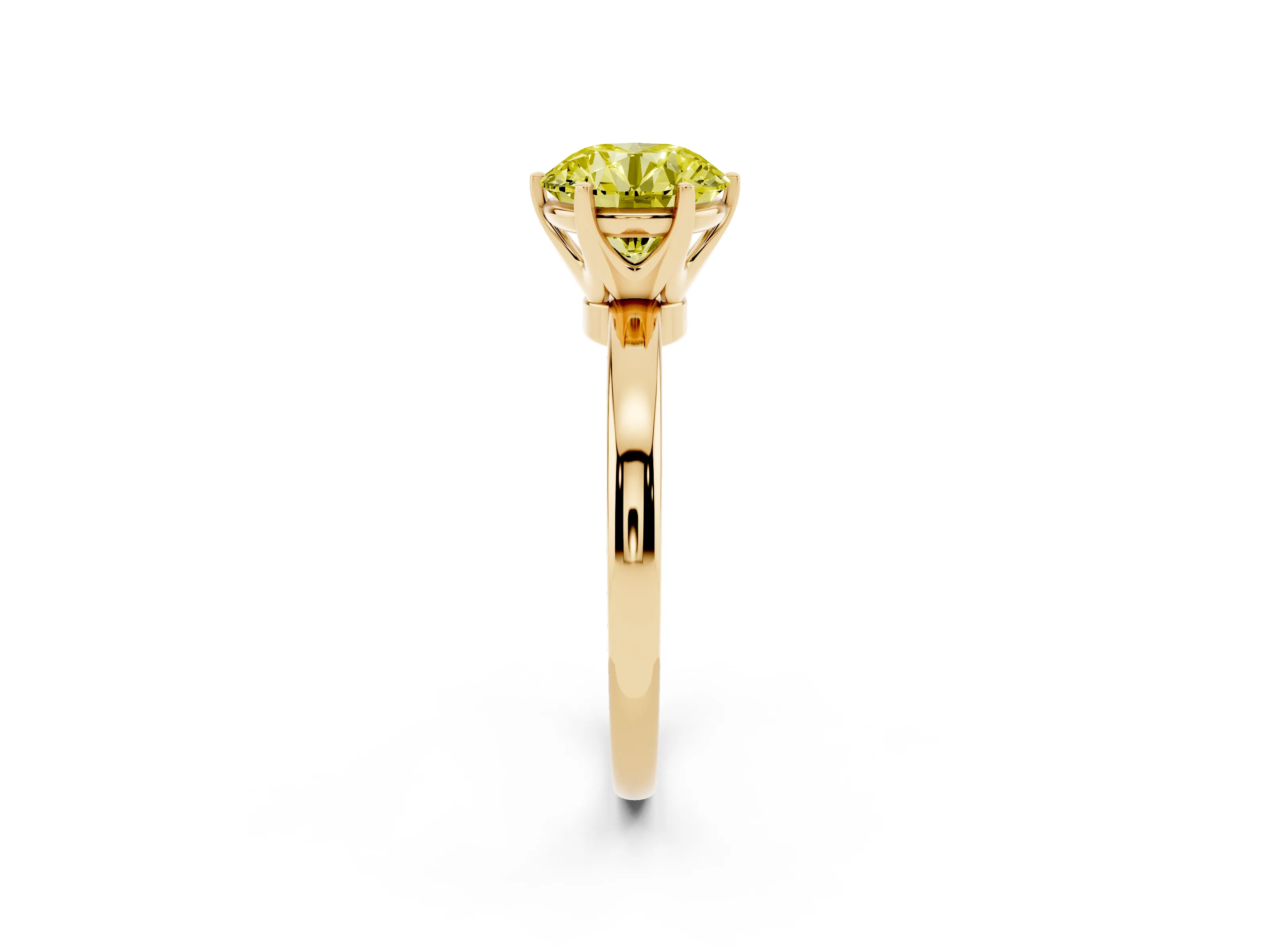 Fancy Yellow Round Cut Diamond Solitaire Ring Set in Yellow gold with Raised Prong Setting on a Classic Band