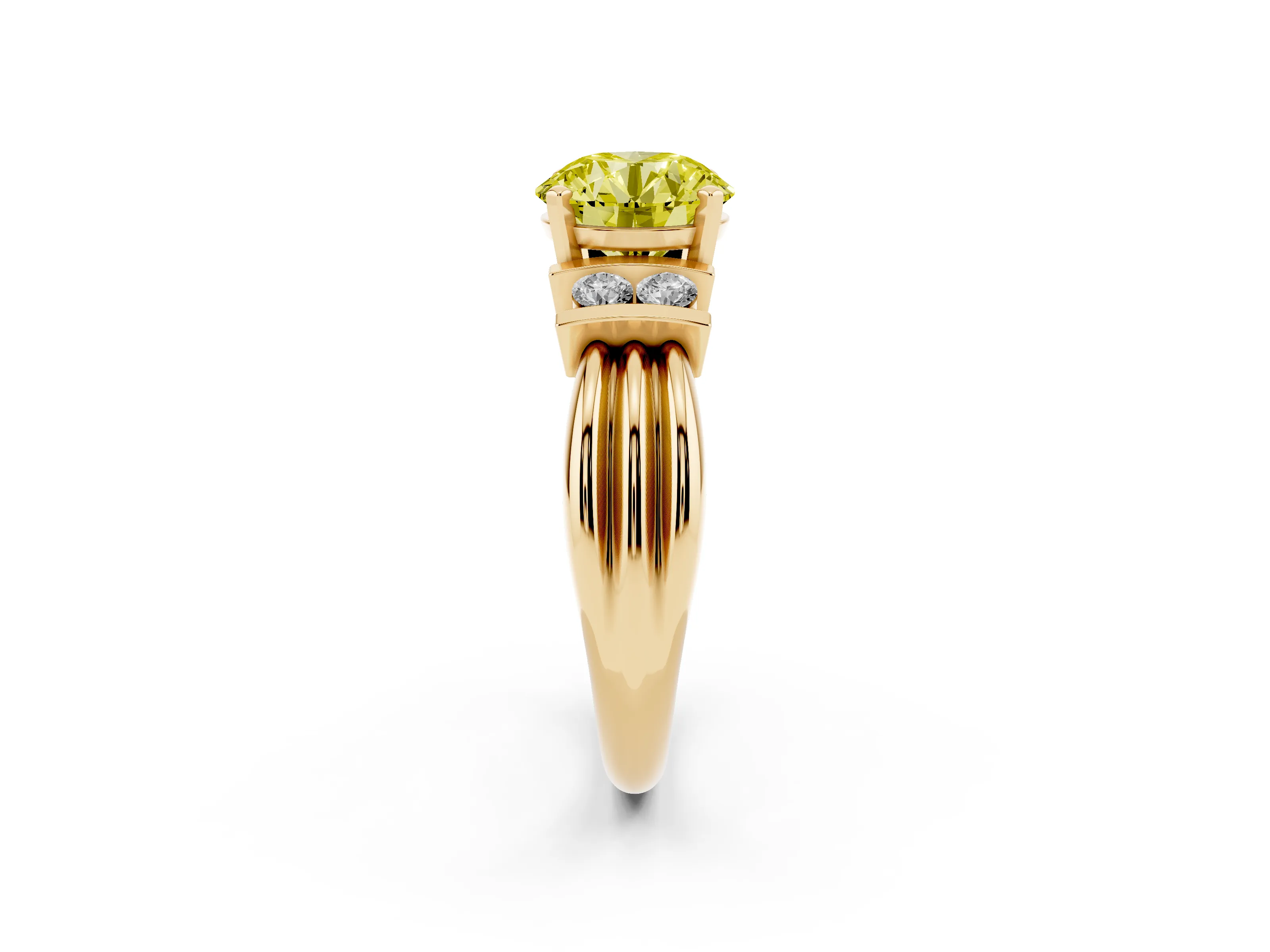 Fancy Yellow Three-Stone Round Cut Diamond Channel Set Ring Set in Yellow gold with Bar Prongs