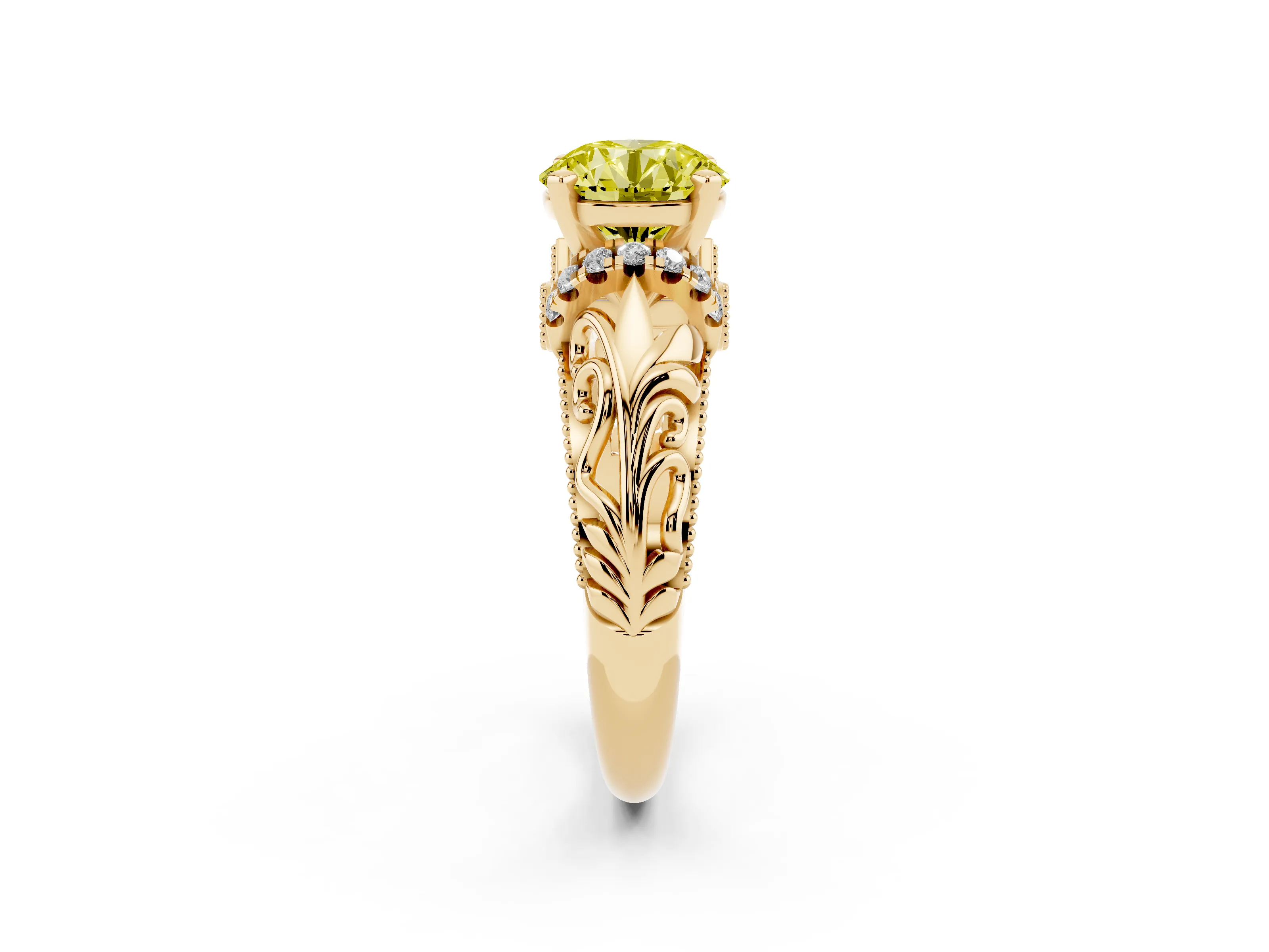 Fancy Yellow Round Cut Diamond Filigree Halo Engagement Ring Set in Yellow gold with Prong Setting