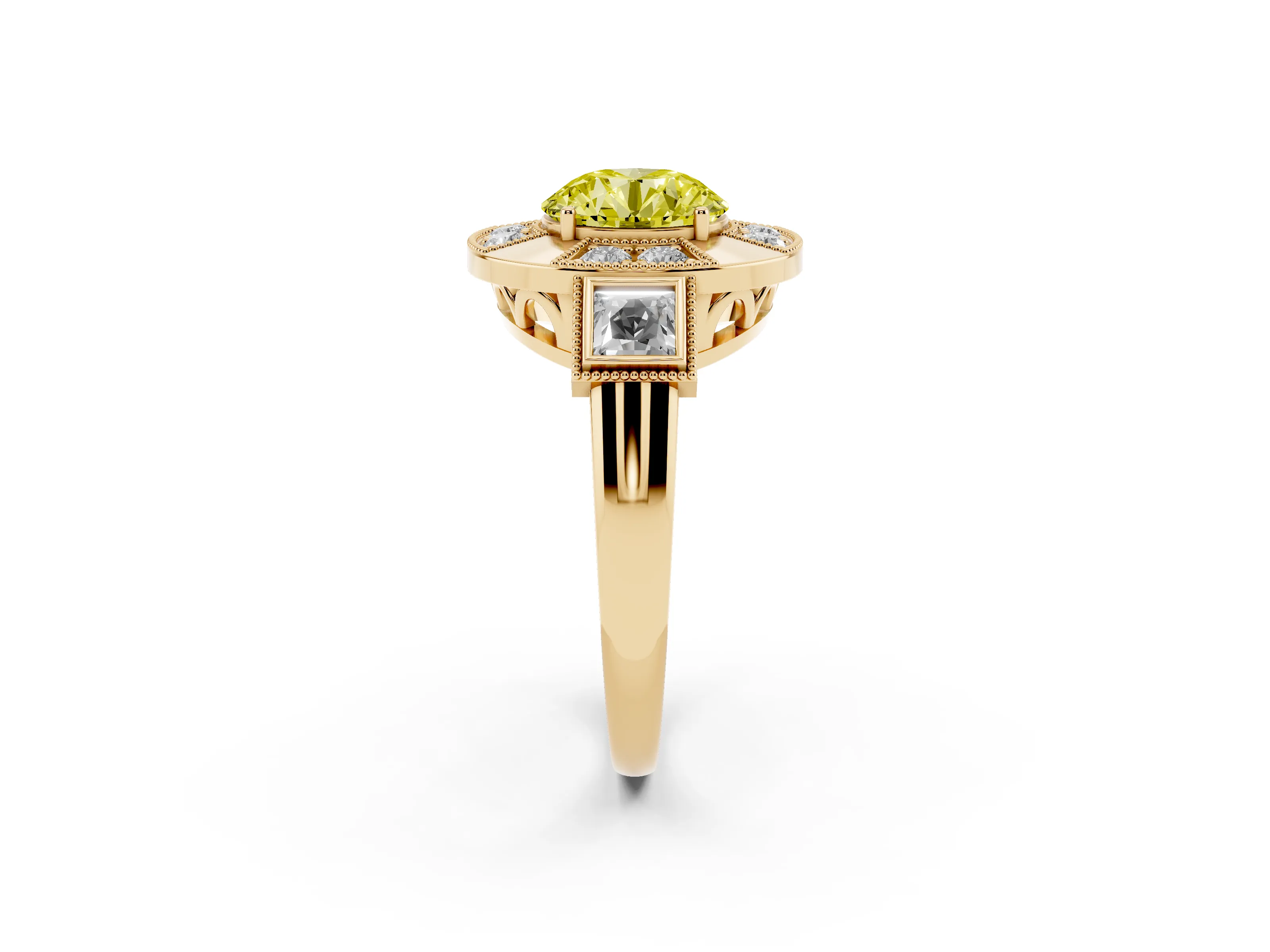 Fancy Yellow Round Cut Diamond Milgrain Halo Ring Set in Yellow gold with Split Shank