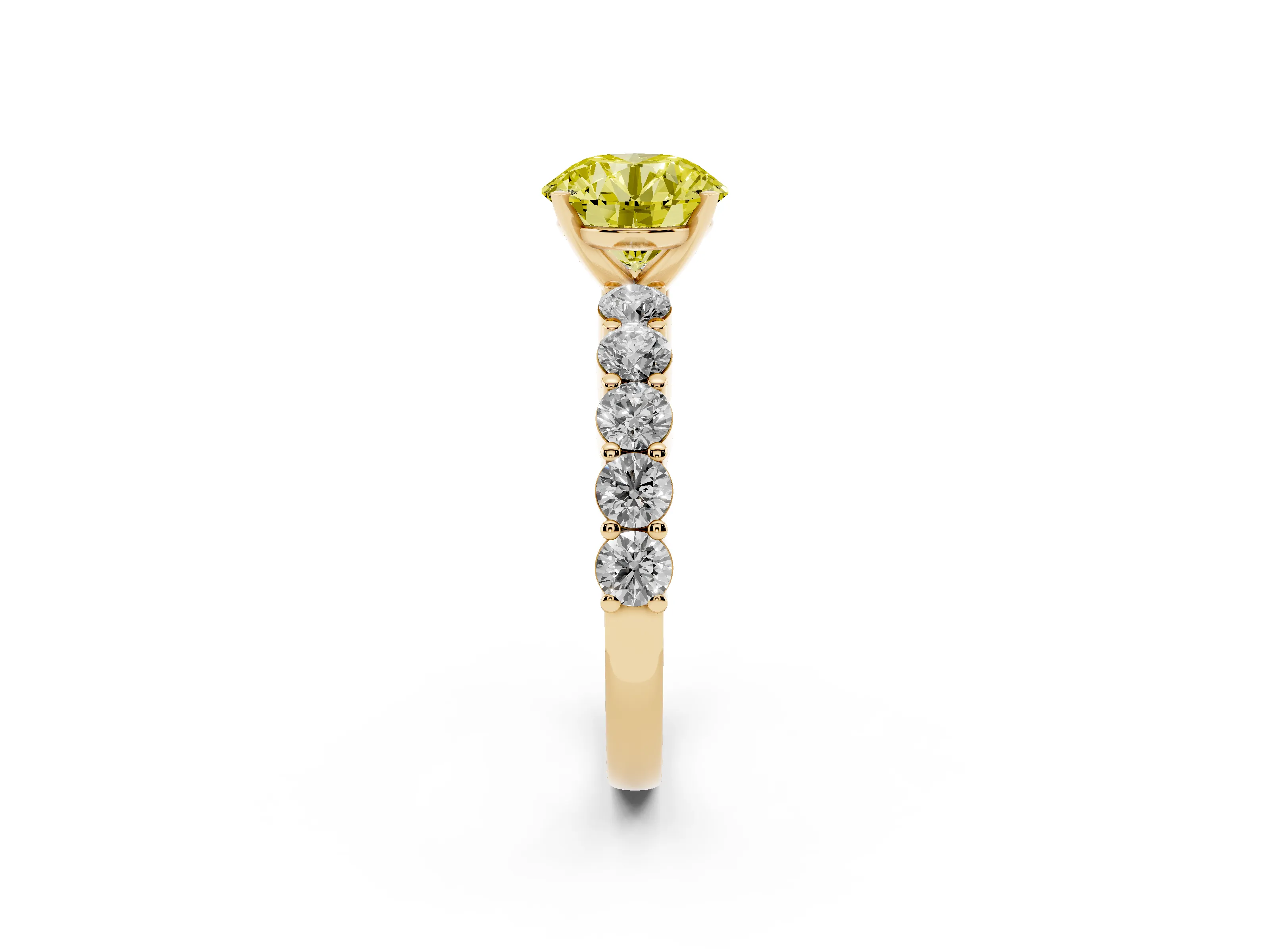 Fancy Yellow Round Cut Diamond Solitaire Ring Set in Yellow gold with Shared Prong Round Side Stones
