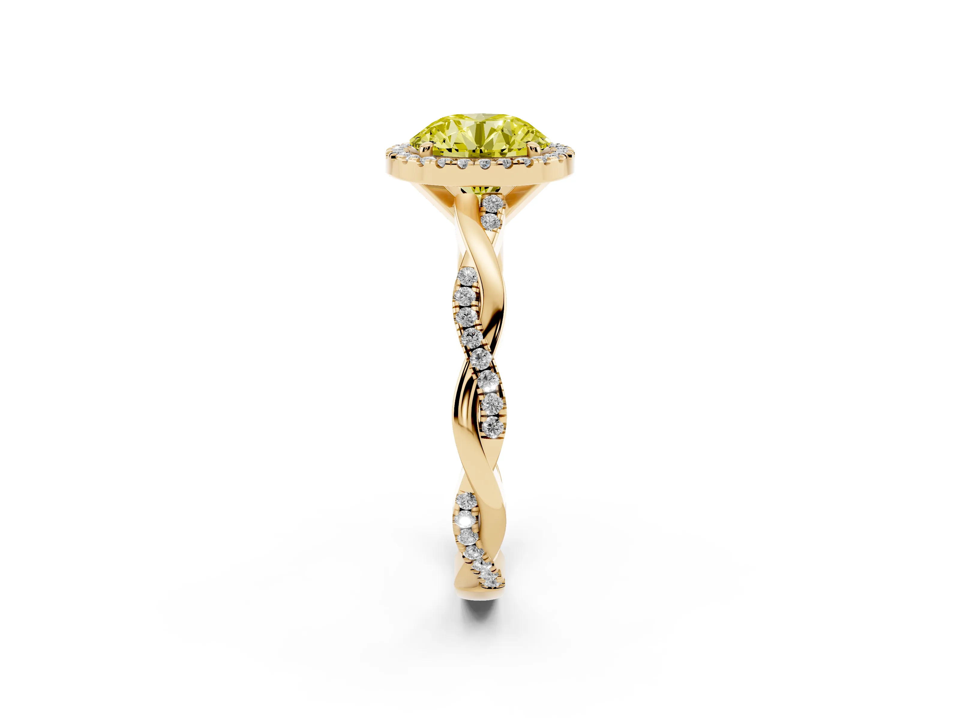 Fancy Yellow Round Cut Diamond Halo Twisted Band Ring Set in Yellow gold with Prong Setting