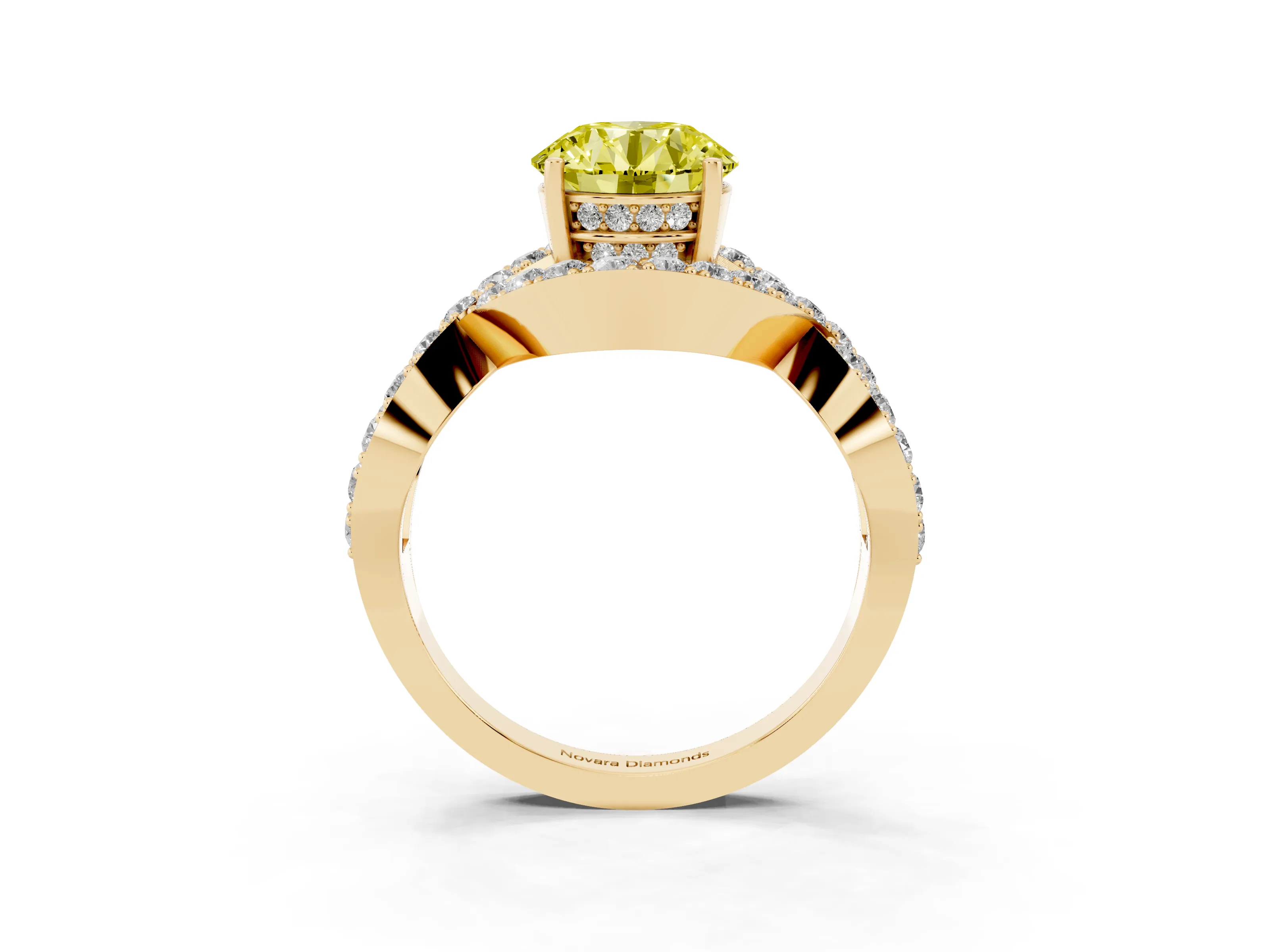 Fancy Yellow Round Cut Diamond Solitaire Twist Band Pavé Engagement Ring Set in Yellow gold