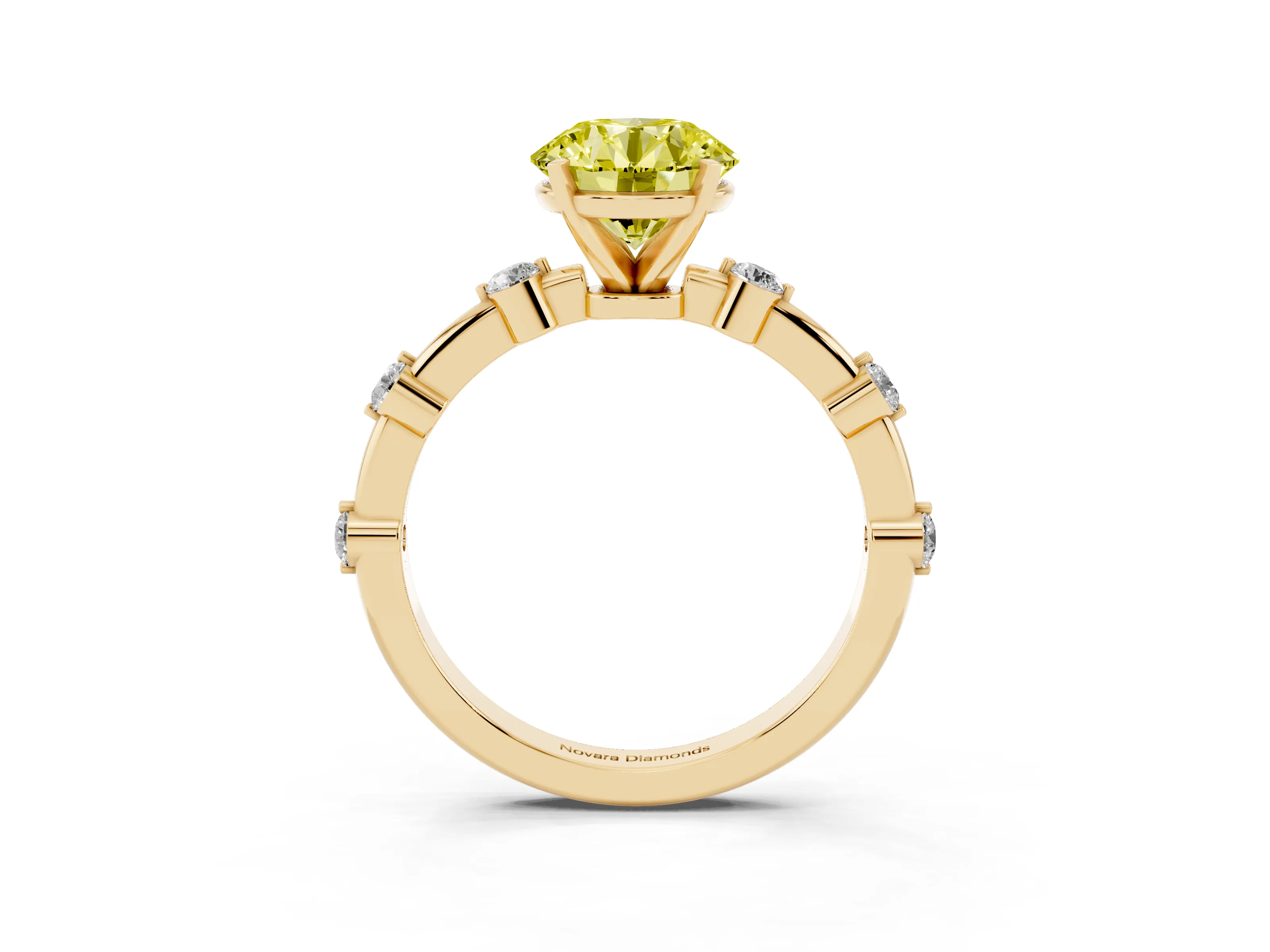 Fancy Yellow Round Cut Diamond Solitaire Ring Set in Yellow gold with Bezel Set Side Stones and Prong Setting