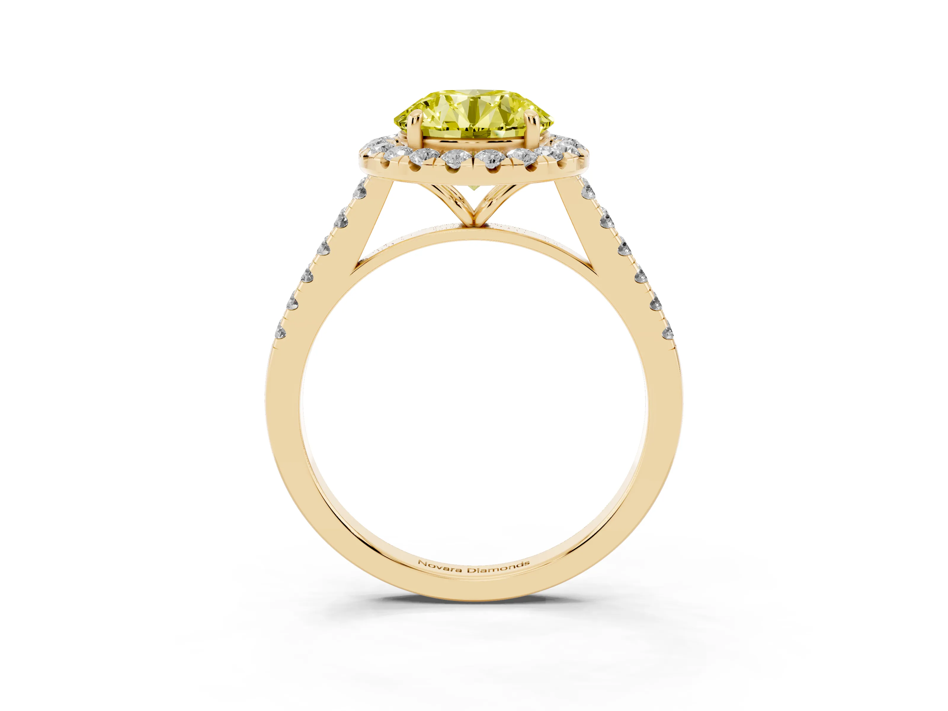 Fancy Yellow Round Cut Diamond Halo Pavé Engagement Ring Set in Yellow gold with Prong Setting