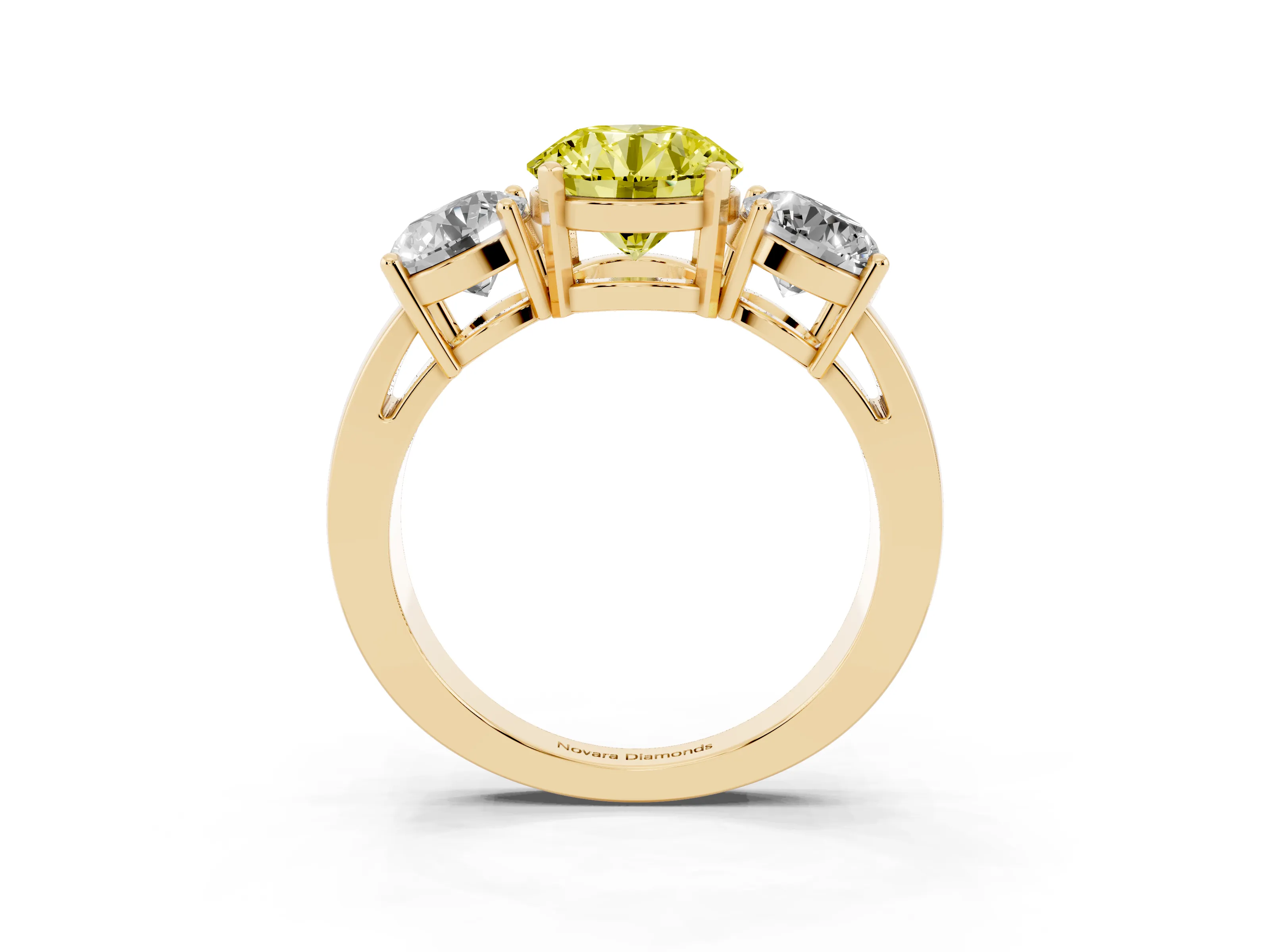 Fancy Yellow Round Cut Diamond Three-Stone Ring Set in Yellow gold with Round Side Stones and Classic Band