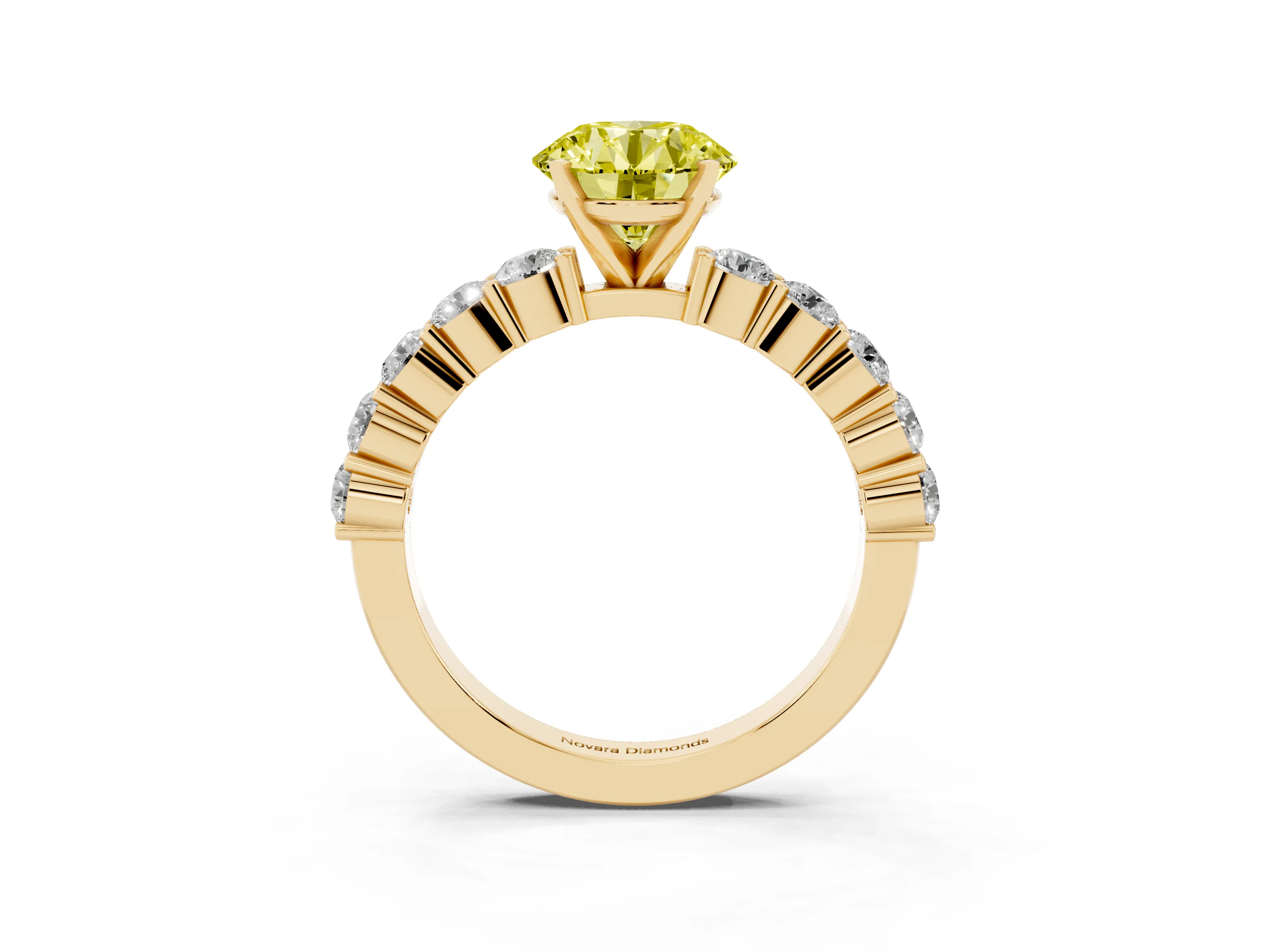 Fancy Yellow Round Cut Diamond Solitaire Ring Set in Yellow gold with Shared Prong Round Side Stones